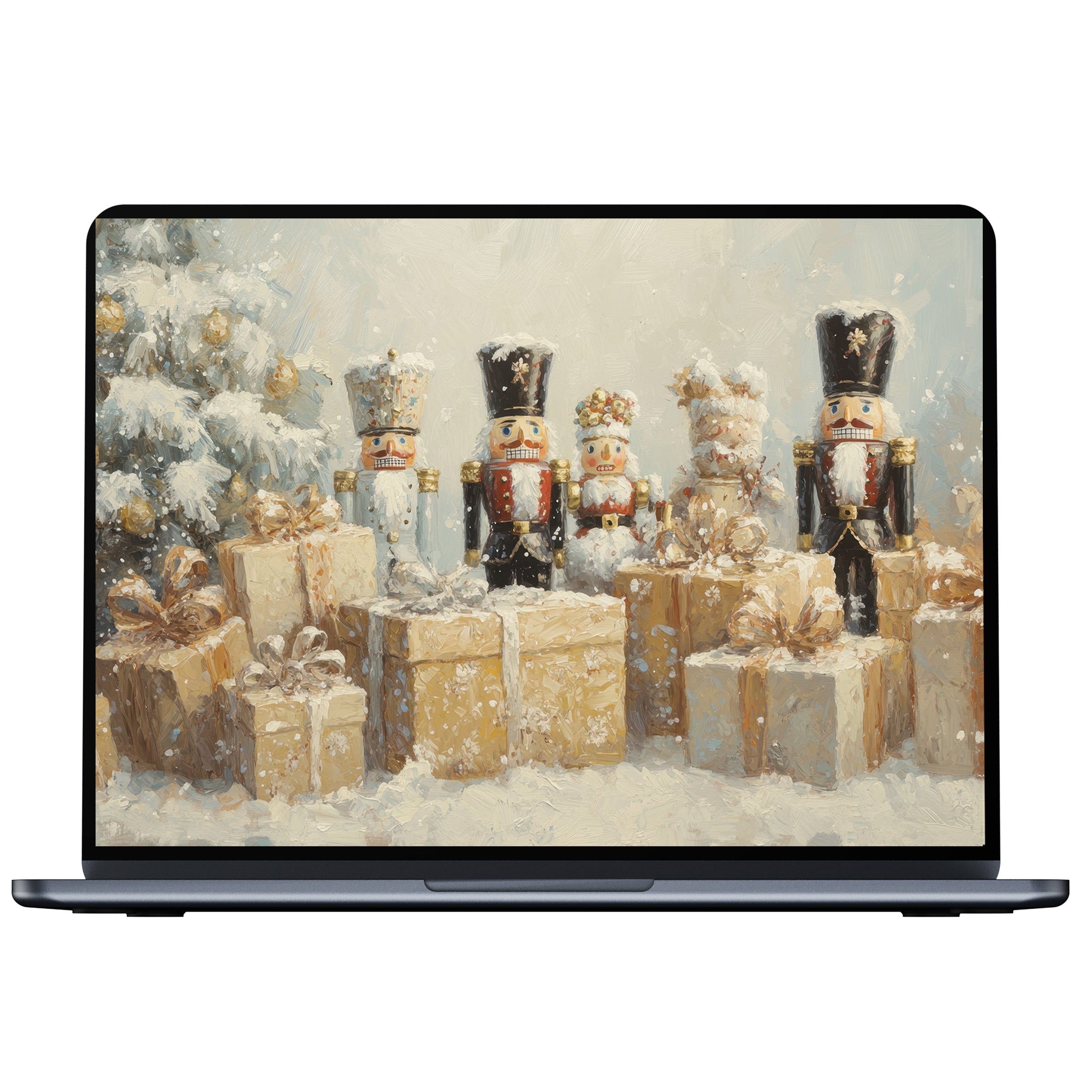 Elegant christmas desktop wallpaper with nutcrackers, gifts, and snow-covered tree digital download for PC, Laptop, Mac users
