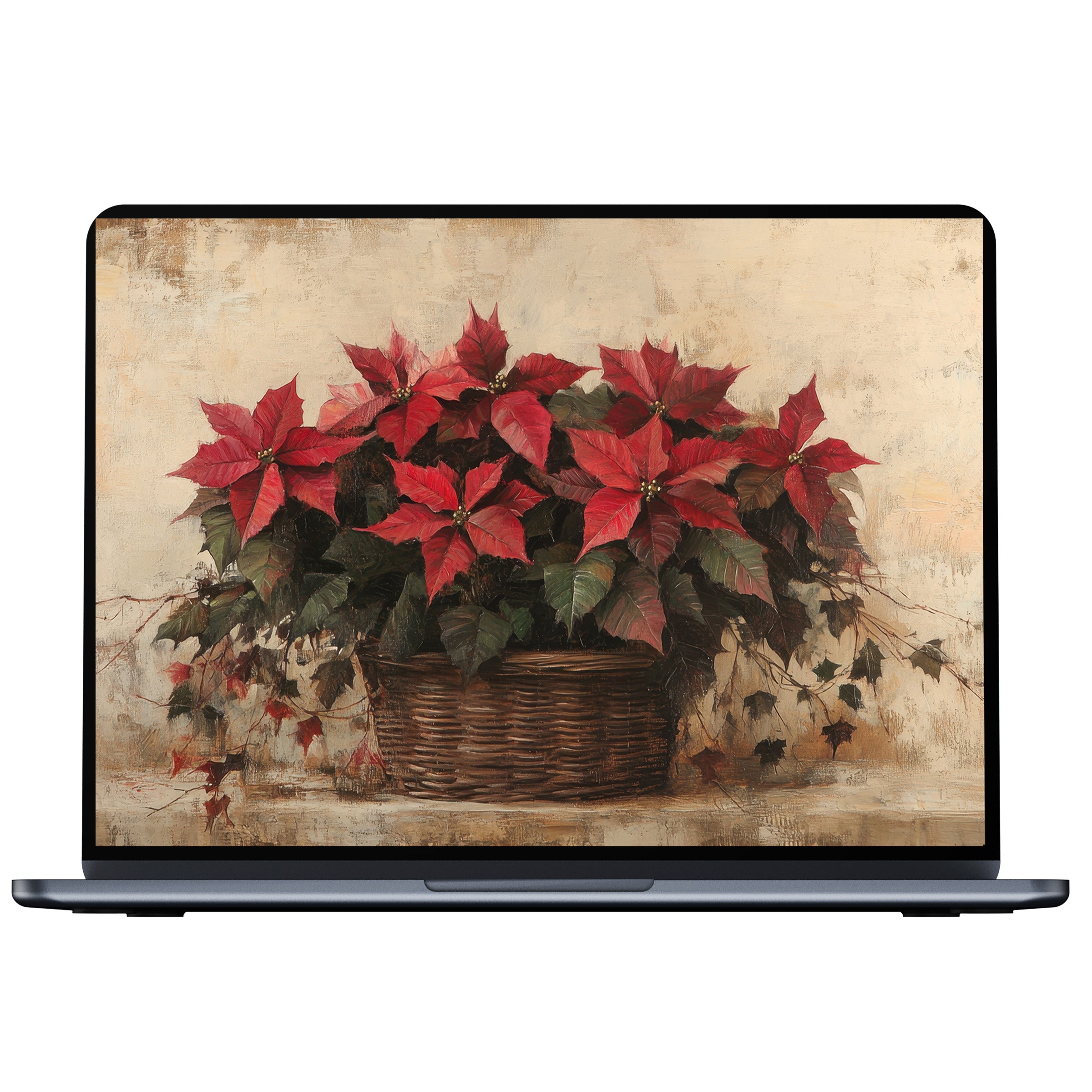 Elegant christmas desktop wallpaper featuring vibrant red poinsettias in a rustic basket aesthetic digital download for PC and laptop