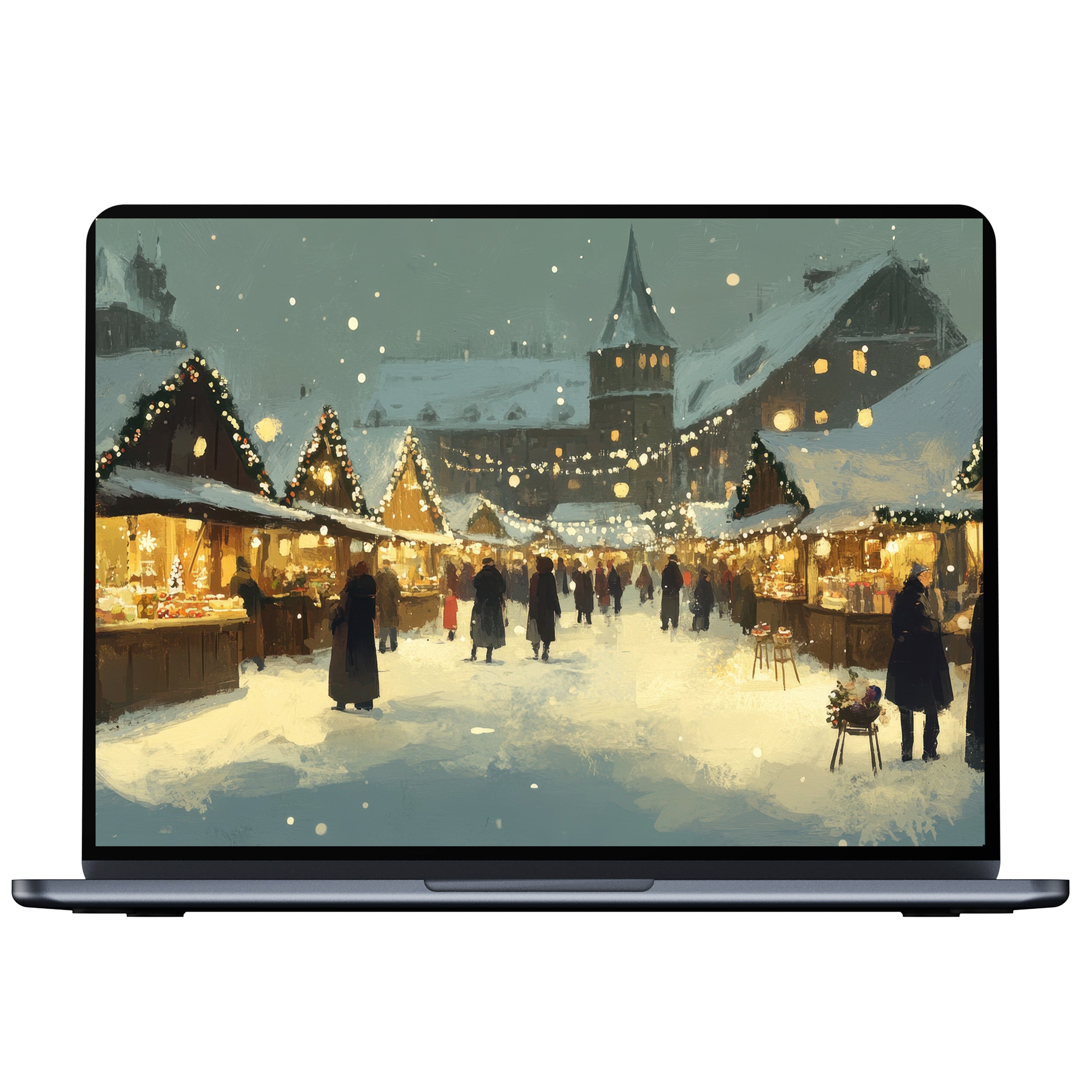 Festive Christmas desktop wallpaper featuring a serene snowy market scene, ideal digital download for PC, laptop, and Mac