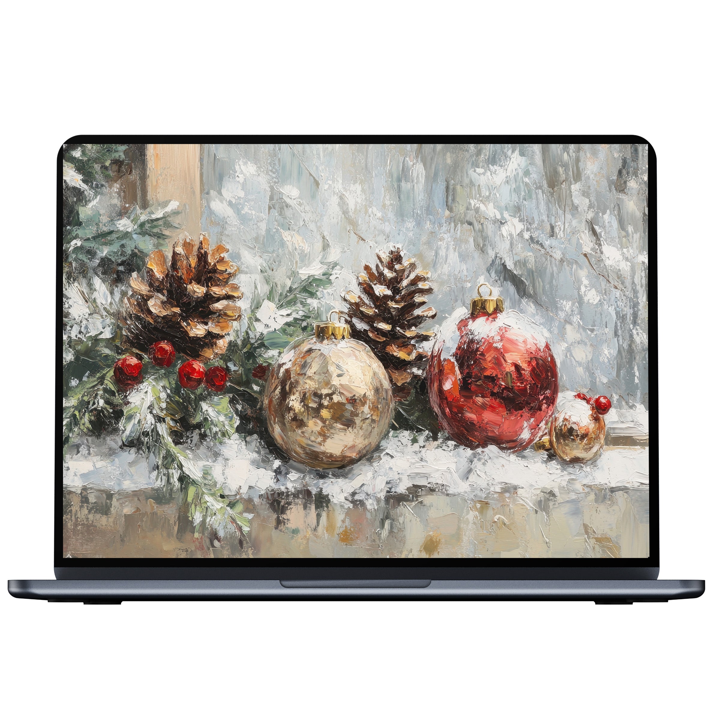 Elegant Christmas desktop wallpaper digital download featuring pine cones and ornaments in soft hues, perfect for PC and laptop screens