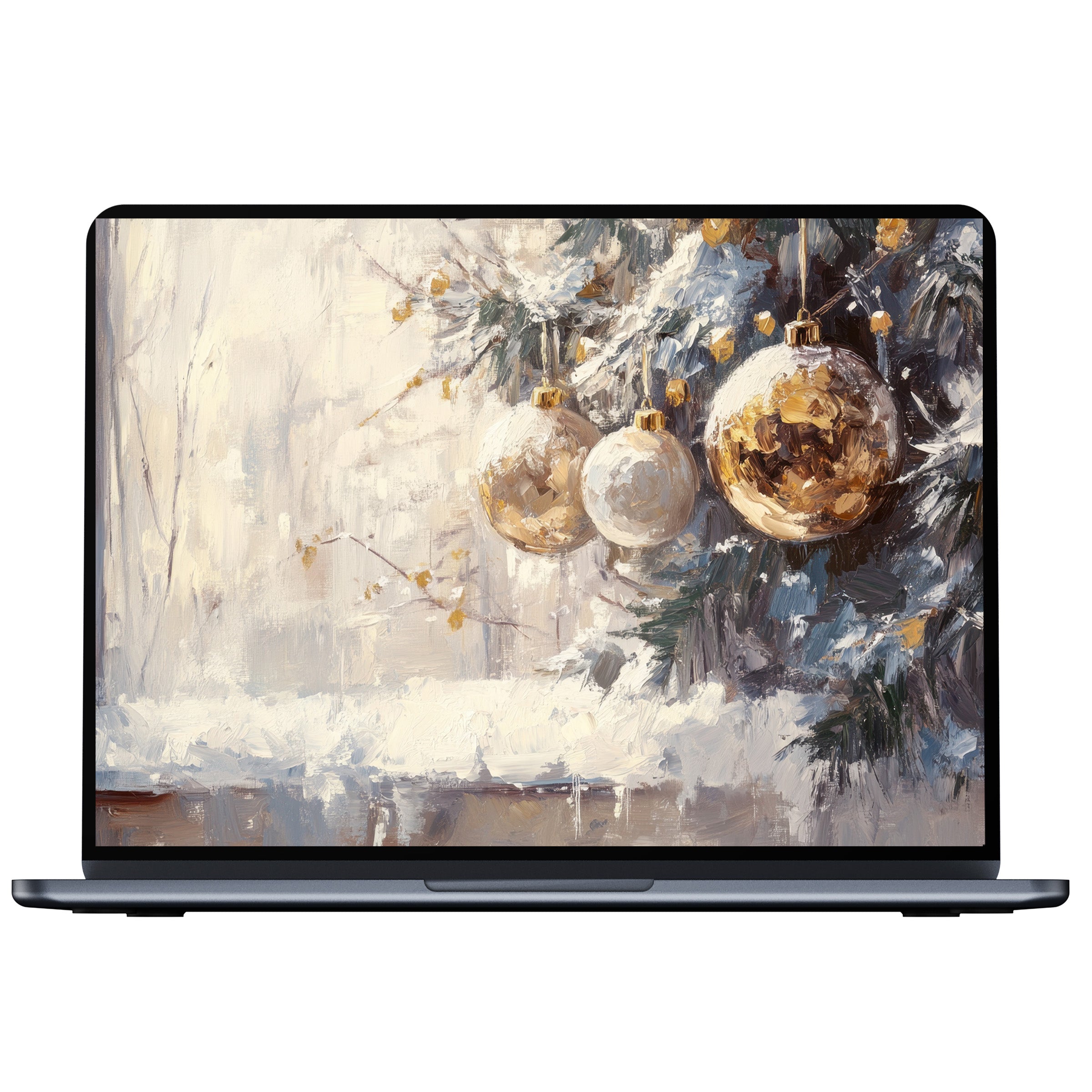 Christmas desktop wallpaper featuring elegant golden ornaments on snow-covered branches, perfect digital download for PC, Laptop, Mac