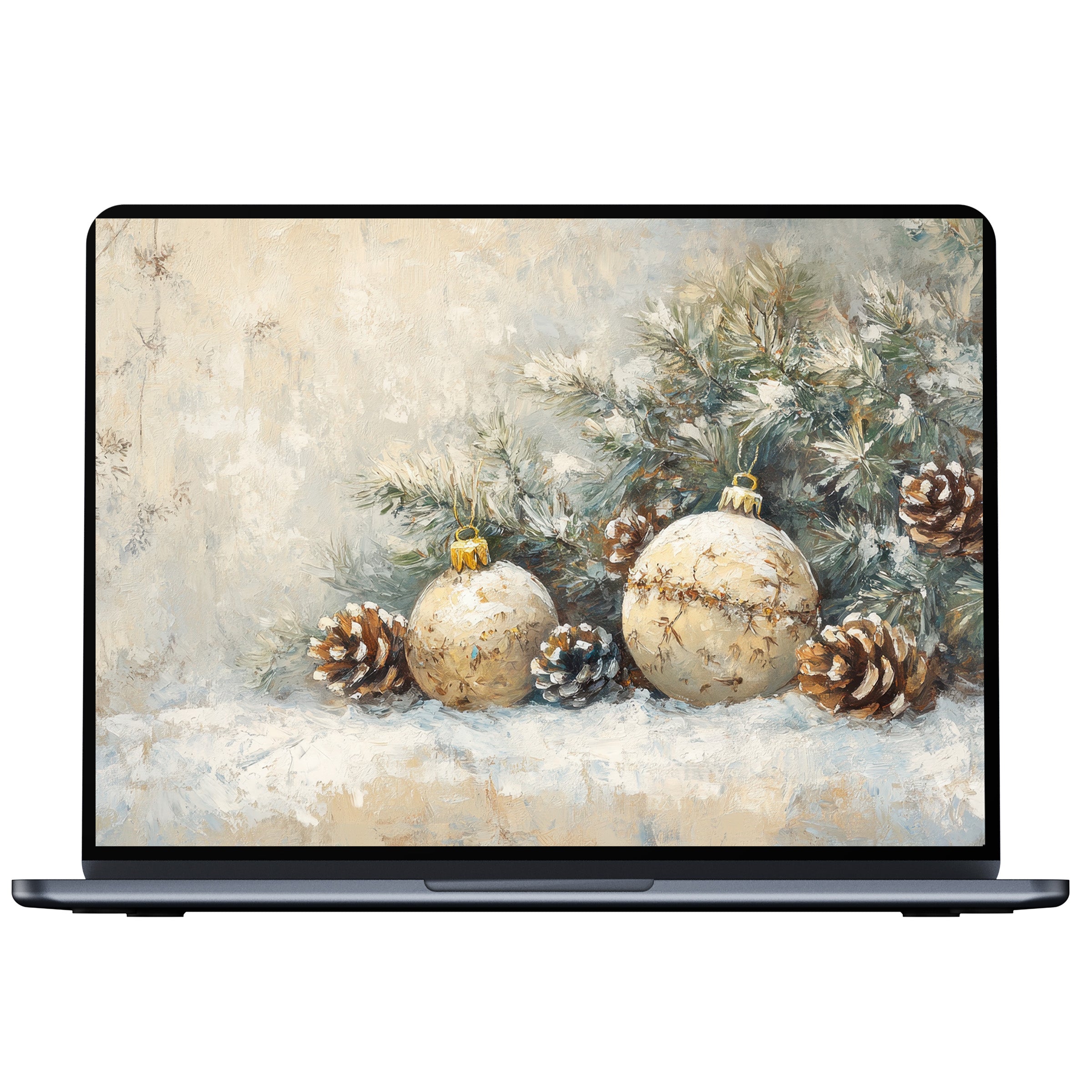 Elegant christmas desktop wallpaper with snowy pine cones and ornaments, offering serene digital download for PC, laptop, Mac users