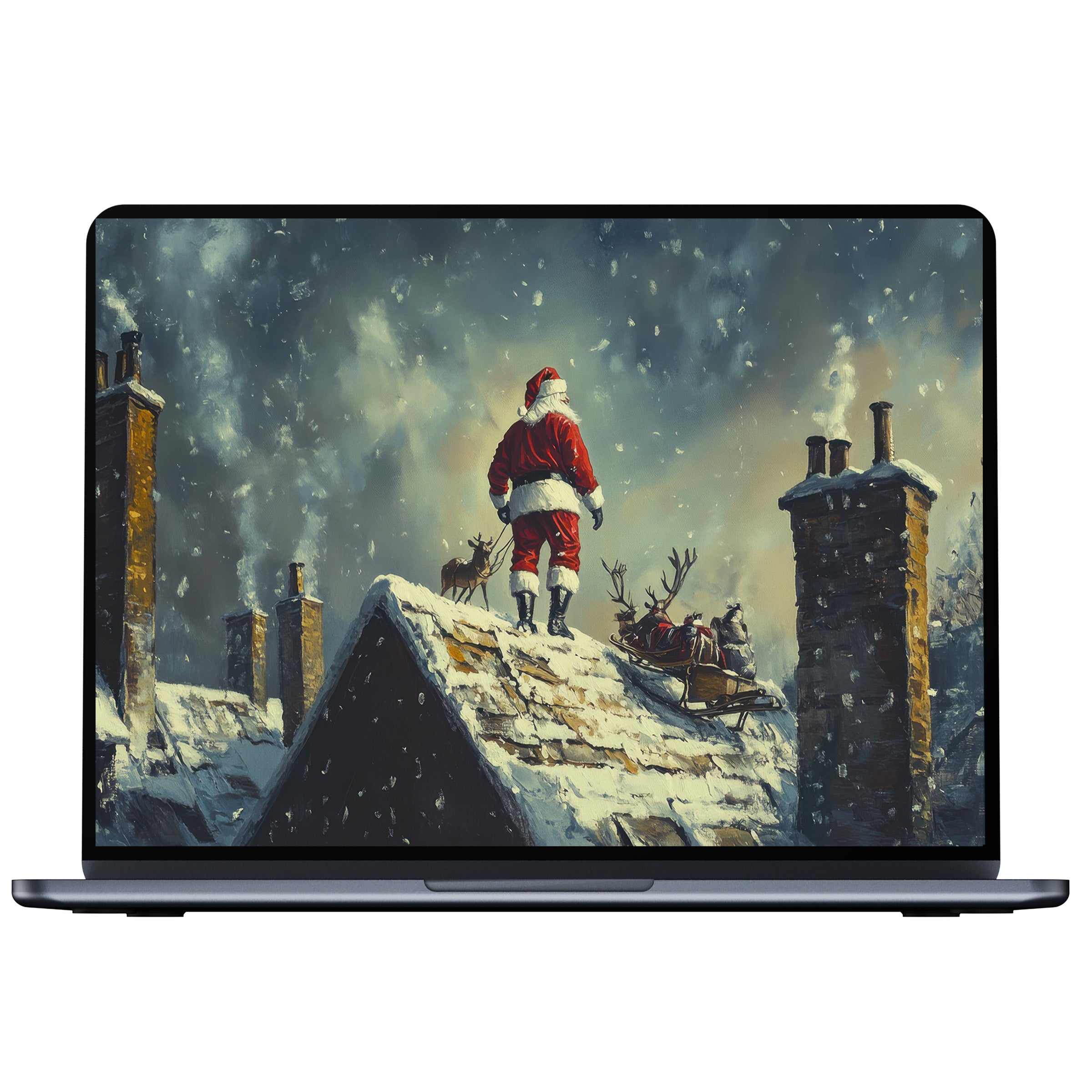 Serene christmas desktop wallpaper with Santa on a snowy rooftop, perfect digital download for PC and laptop elegance