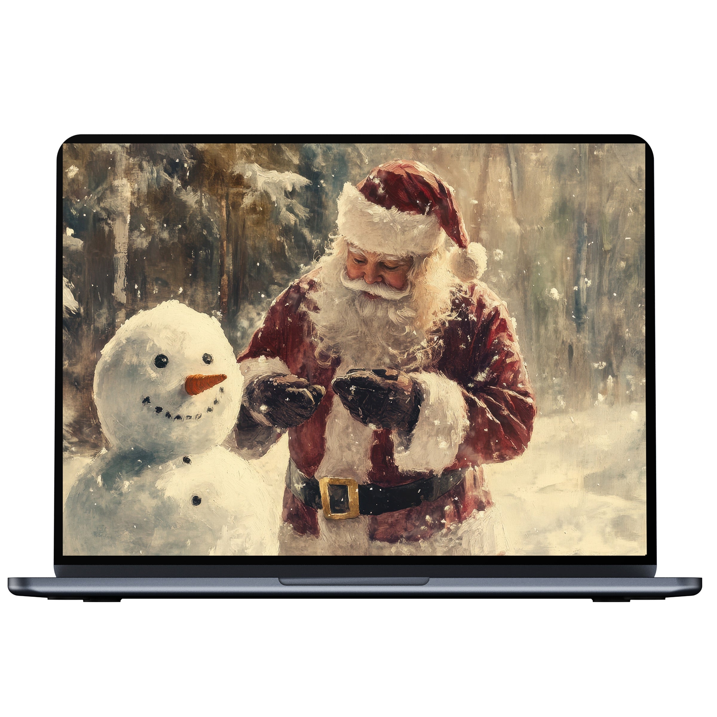 Christmas desktop wallpaper featuring Santa and snowman in serene snowy forest digital download for PC Mac Laptop ambiance
