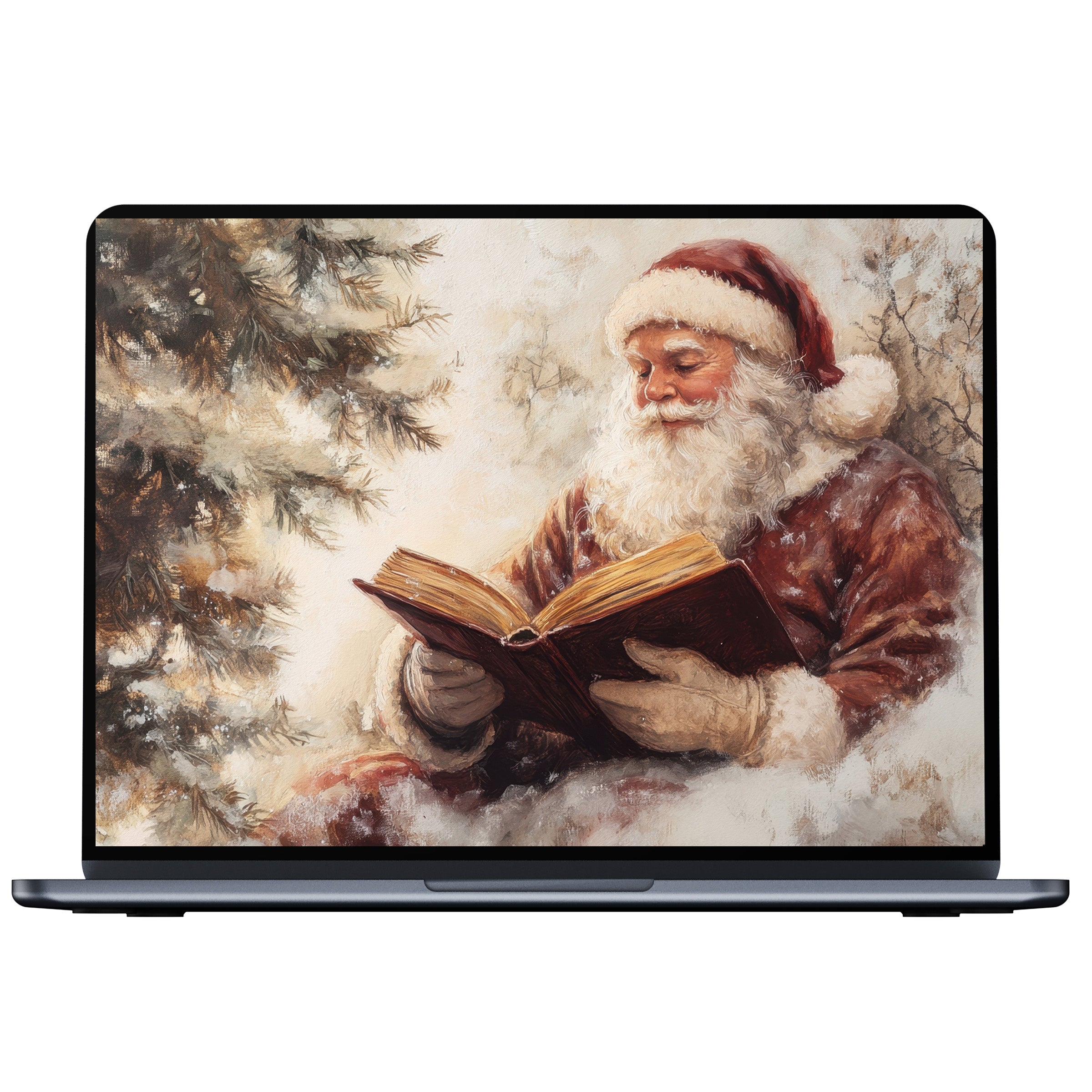 Christmas desktop wallpaper featuring a serene Santa reading a book amid snowy pines ideal for PC laptop digital download