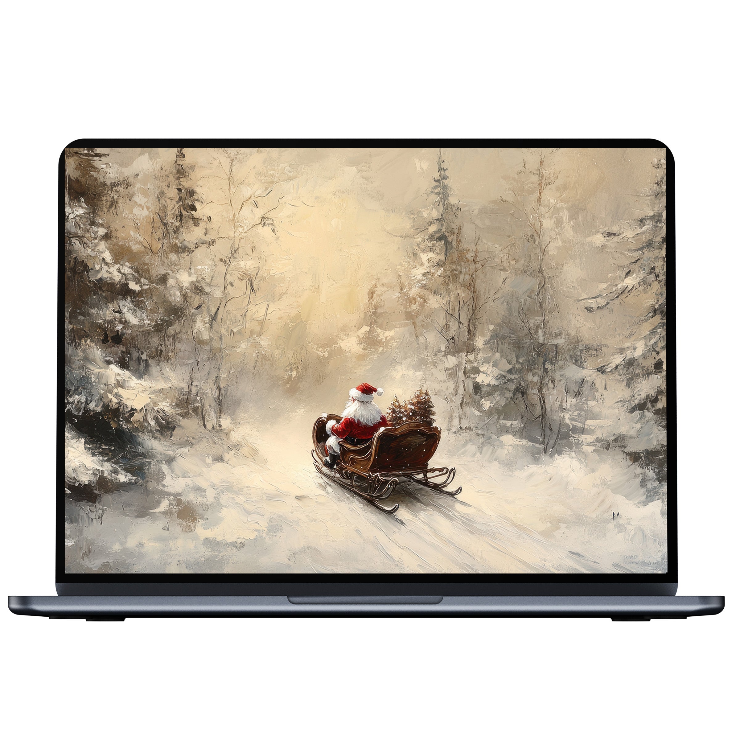 Serene Christmas desktop wallpaper with Santa in a snowy forest on a sleigh perfect digital download for PC, Laptop, and Mac