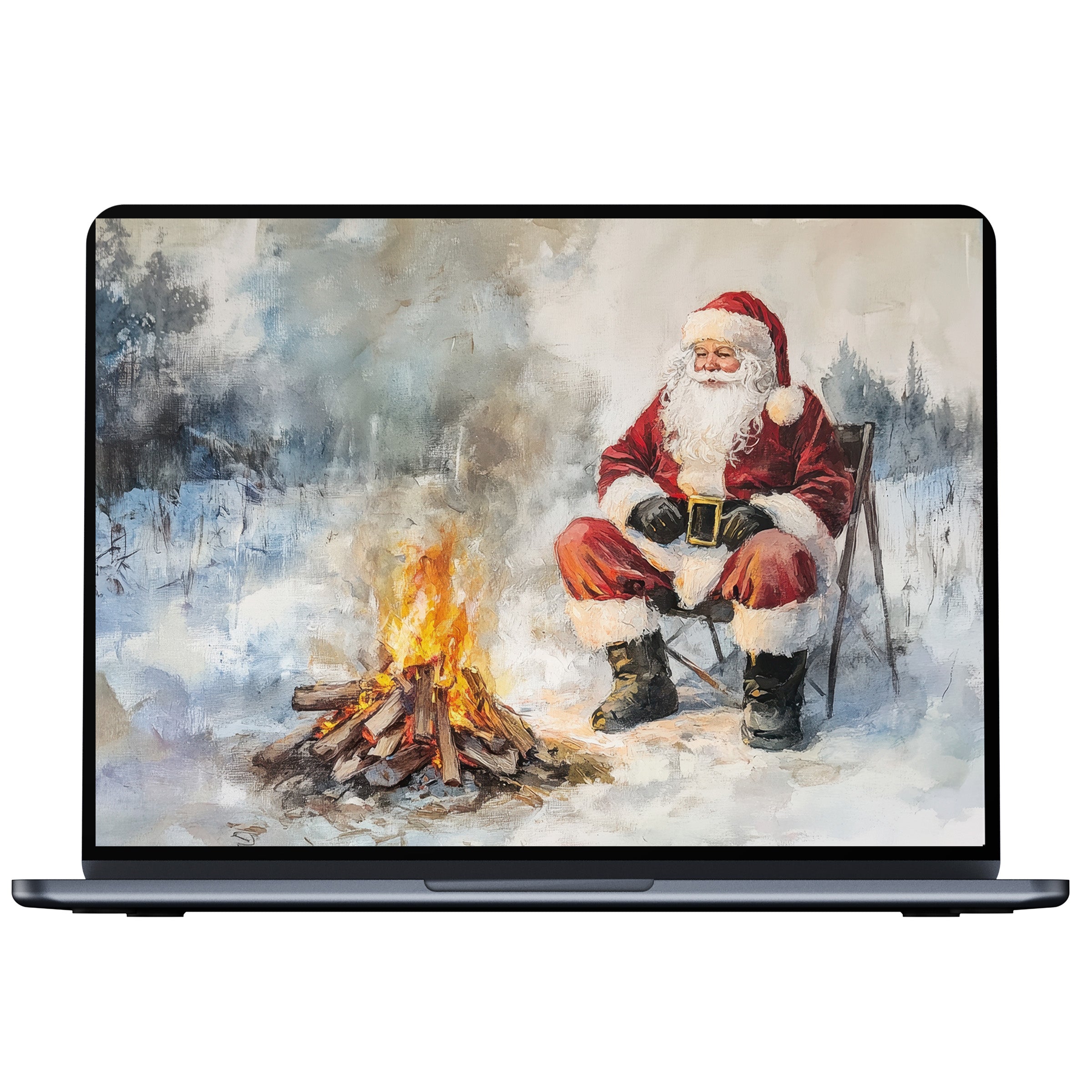 Christmas desktop wallpaper with Santa by a cozy fire in snowy woods offers calm elegance as a digital download for PC and laptop