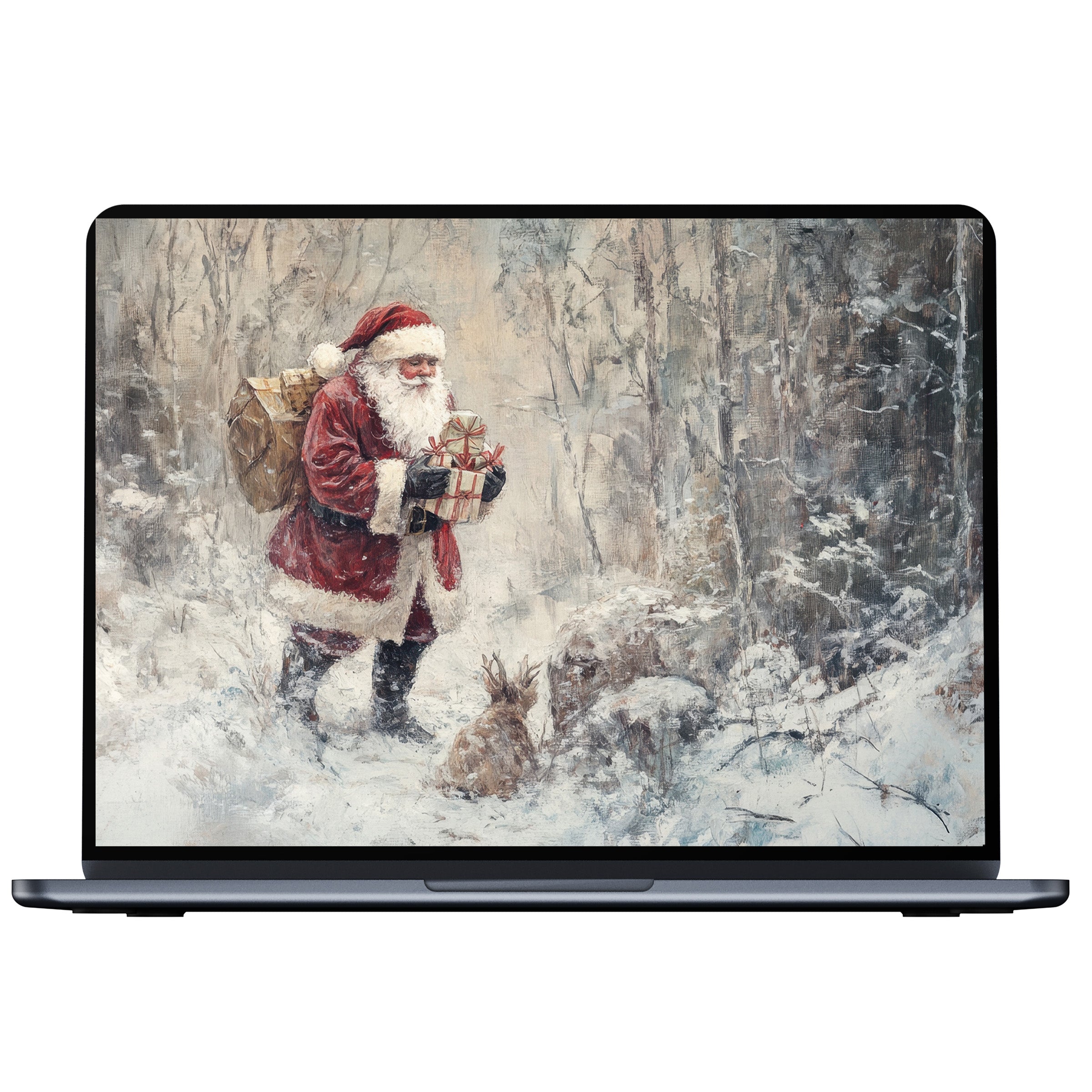 Inspire calm with this elegant Christmas desktop wallpaper featuring Santa in a snowy forest designed for PC, laptop, or Mac digital download