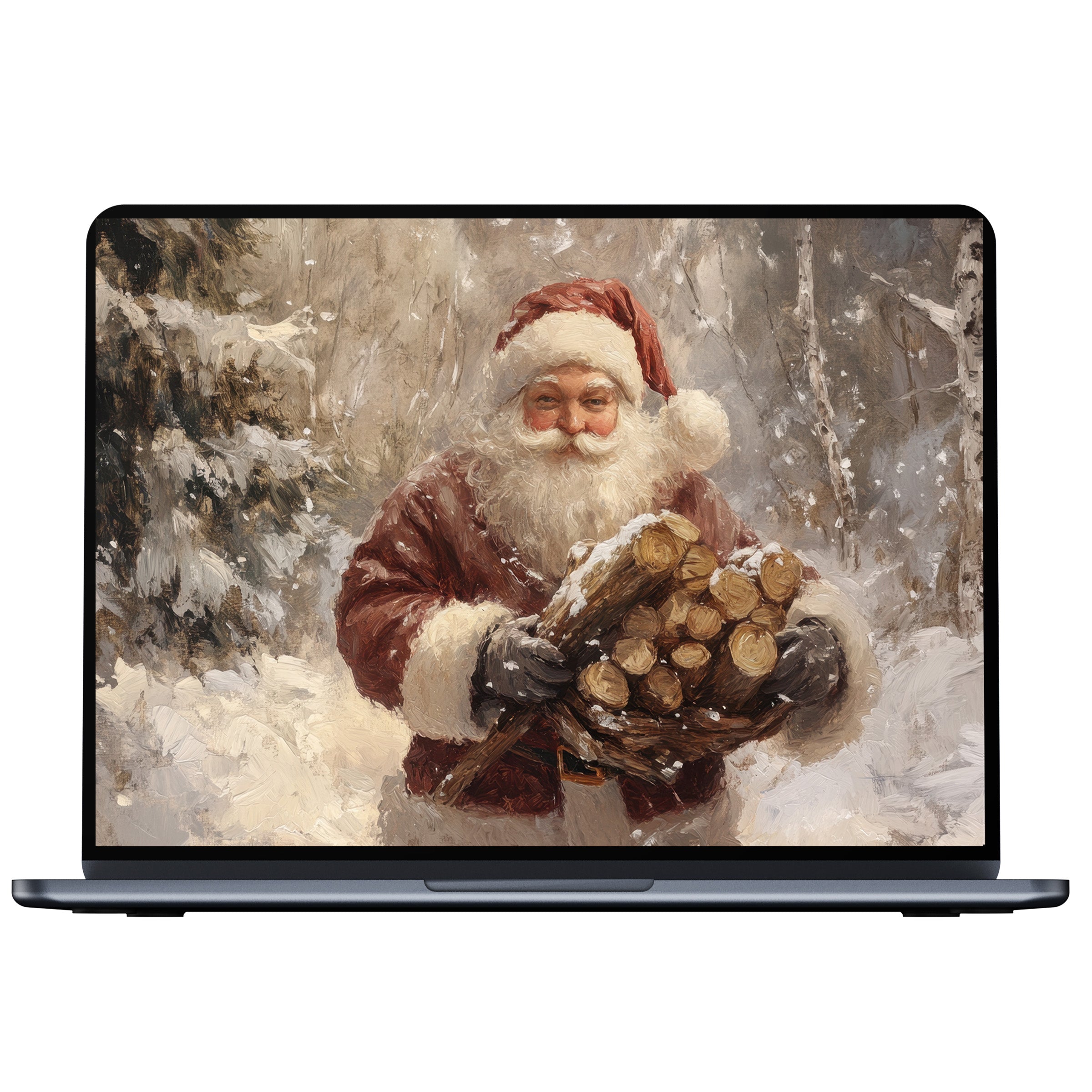 Christmas desktop wallpaper featuring Santa with firewood in a snowy forest, perfect digital download for PC and laptop screens