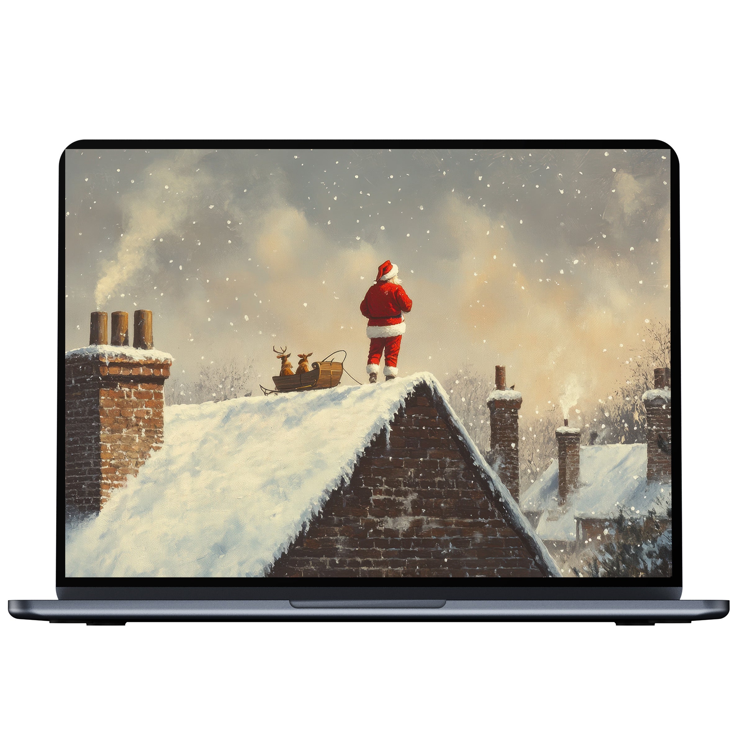 Elegant christmas desktop wallpaper with Santa on snowy rooftop evokes calm and inspiration digital download for PC or laptop