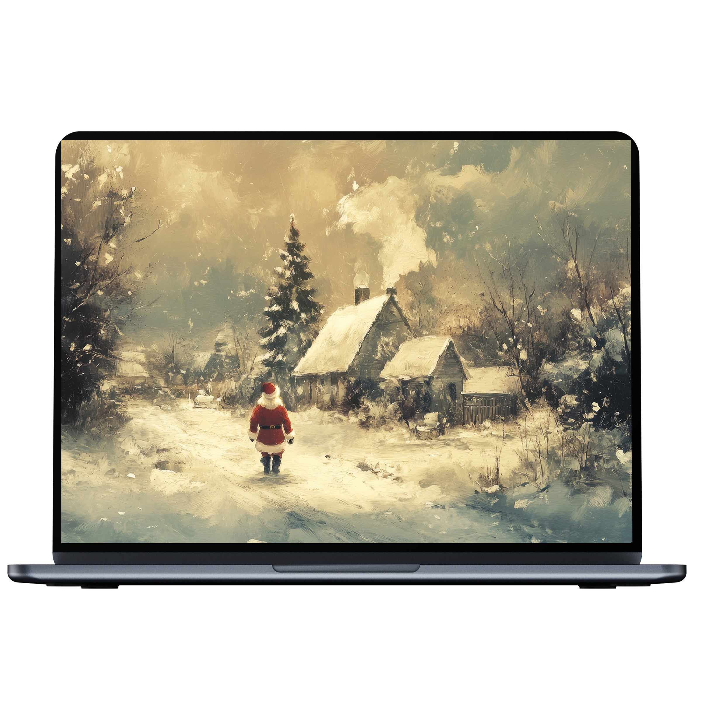 Christmas desktop wallpaper digital download featuring serene snow-covered cottages with Santa artfully designed for PC, Laptop, Mac