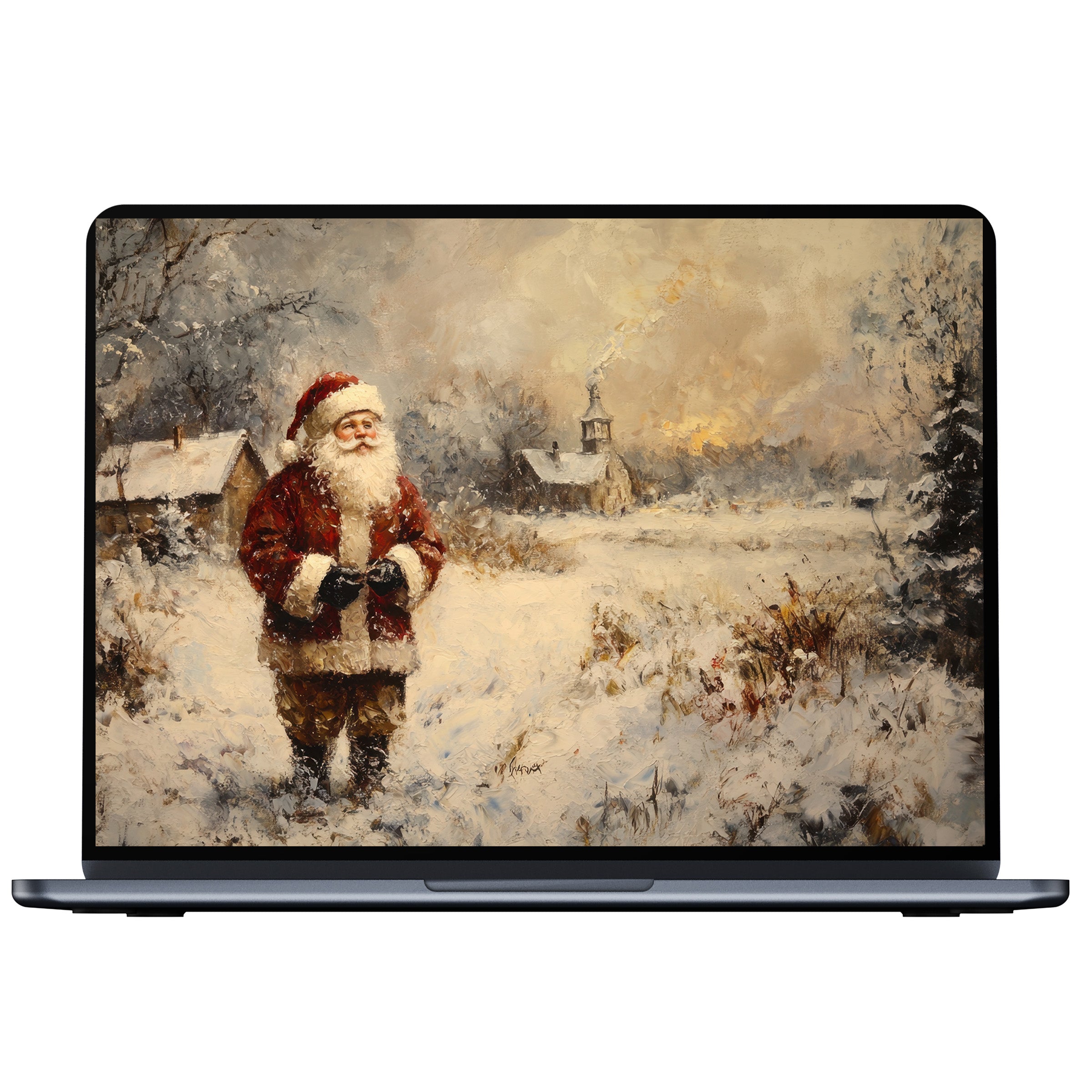 Christmas desktop wallpaper featuring Santa in a serene snowy village setting offering elegance and calm for PC and laptop screens