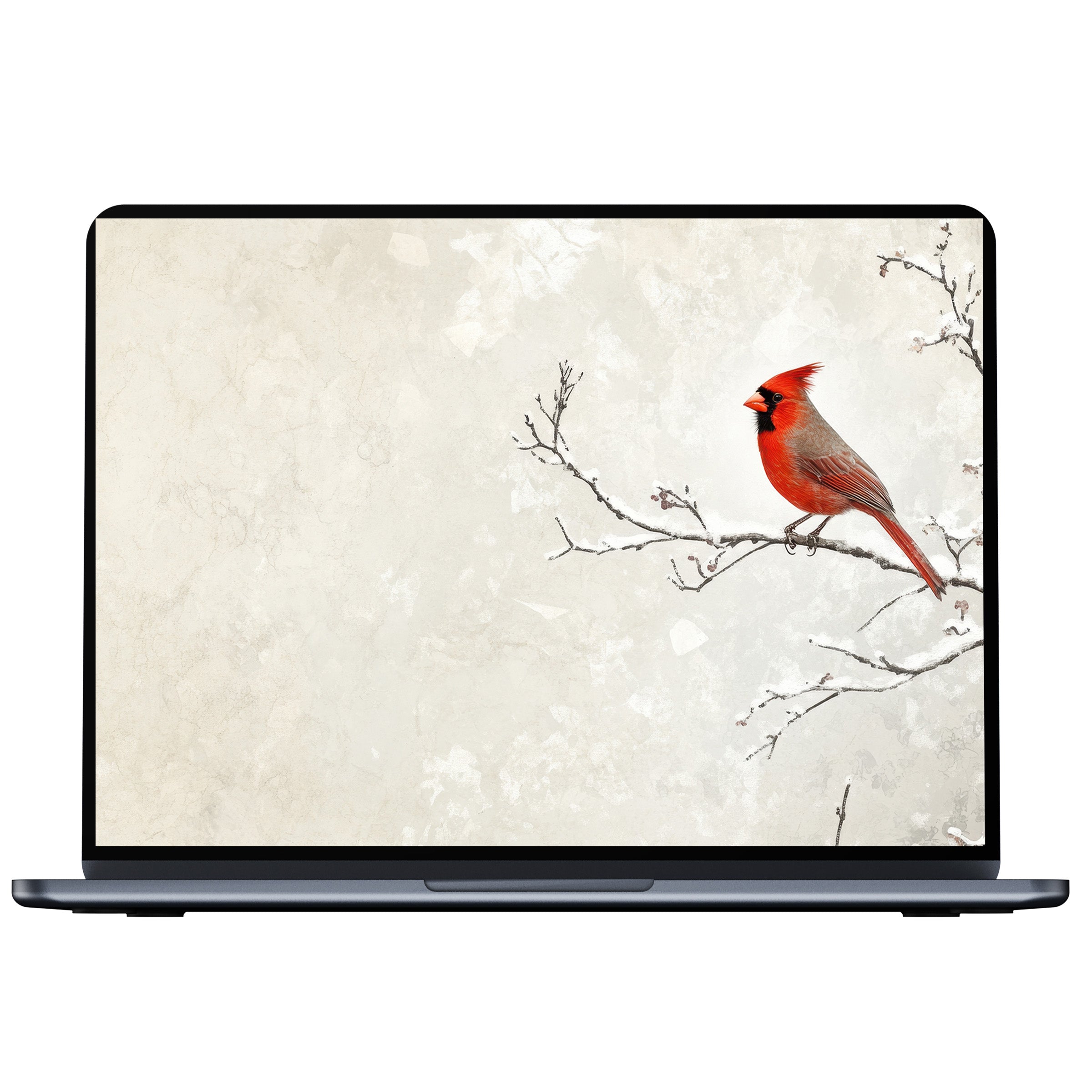 Elegant Christmas desktop wallpaper featuring a red cardinal on a frosty branch, perfect digital download for PC and laptop screens
