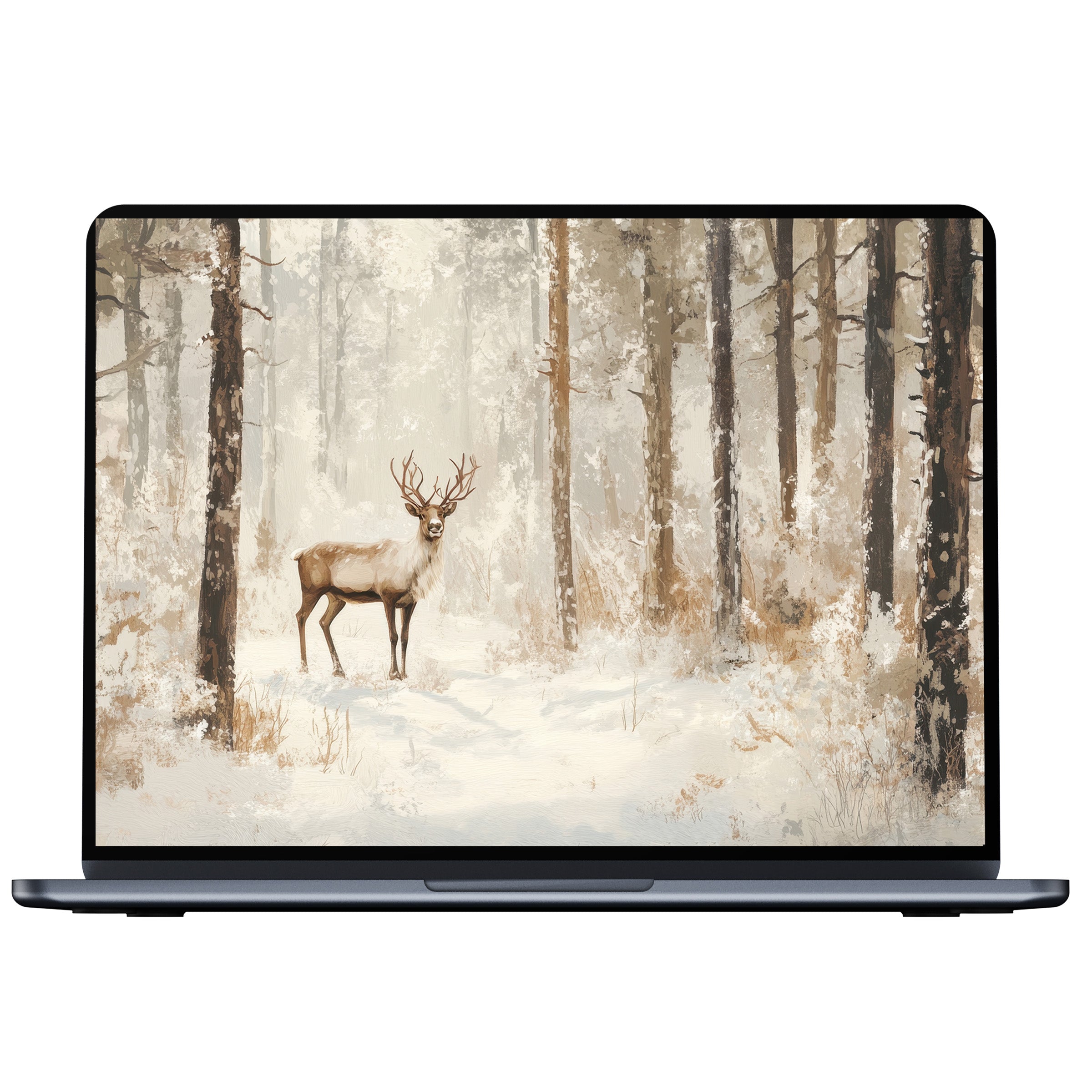 Elegant Christmas desktop wallpaper featuring a serene winter forest scene with a deer, perfect digital download for PC or laptop