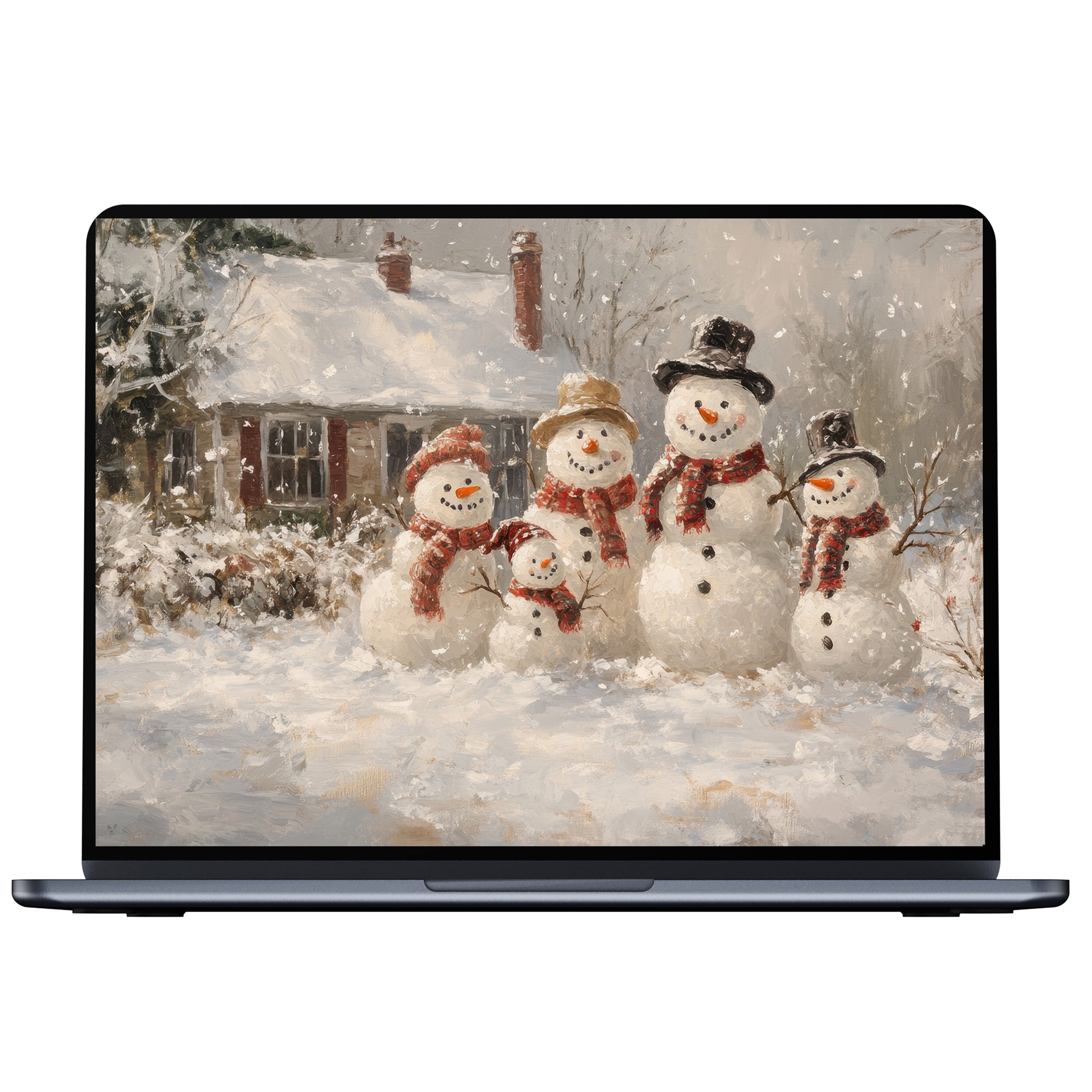 Charming christmas desktop wallpaper for PC or laptop featuring a joyful snowman family in serene snowy landscape digital download