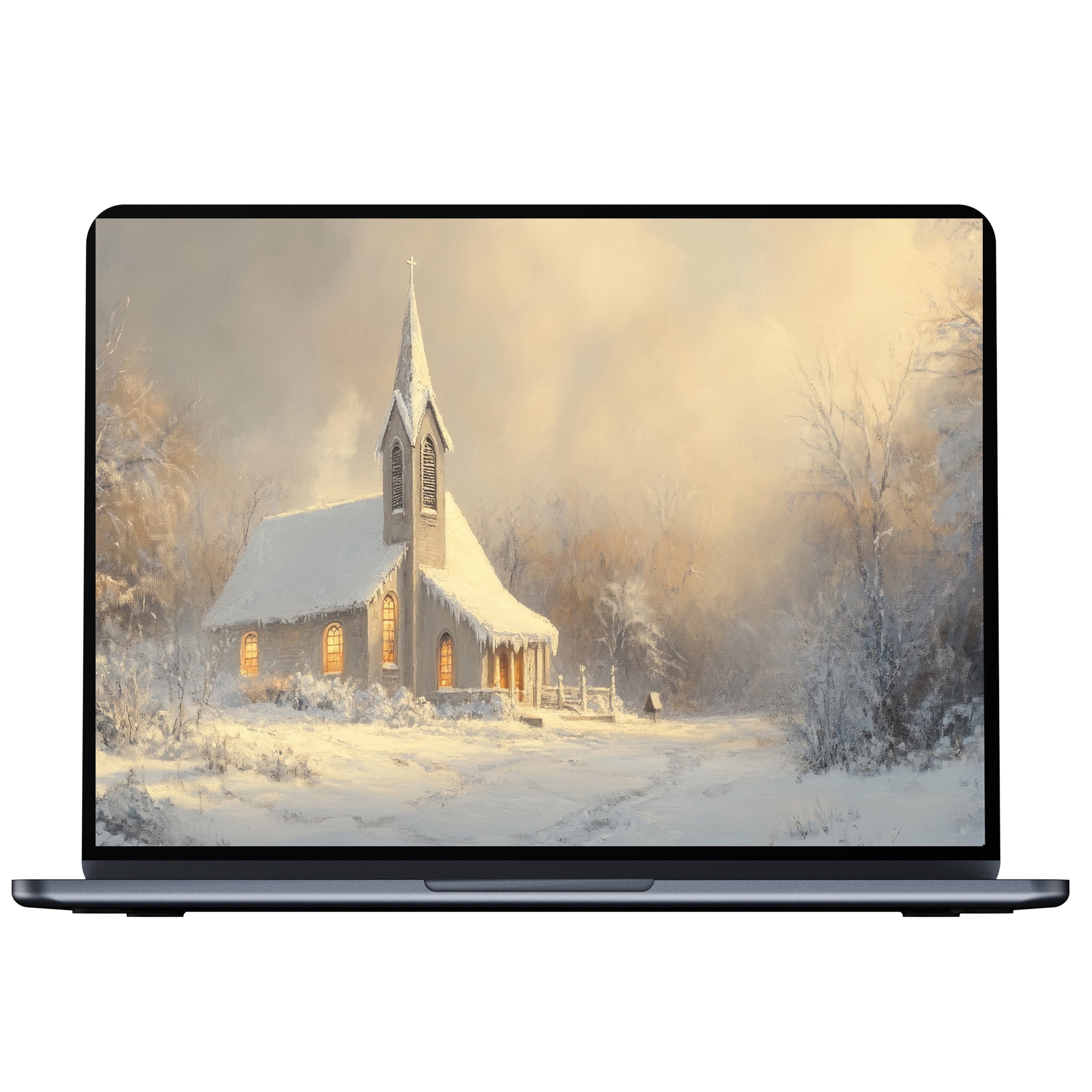 Christmas desktop wallpaper digital download featuring a serene snowy church scene perfect for PC and laptop users seeking elegance and tranquility