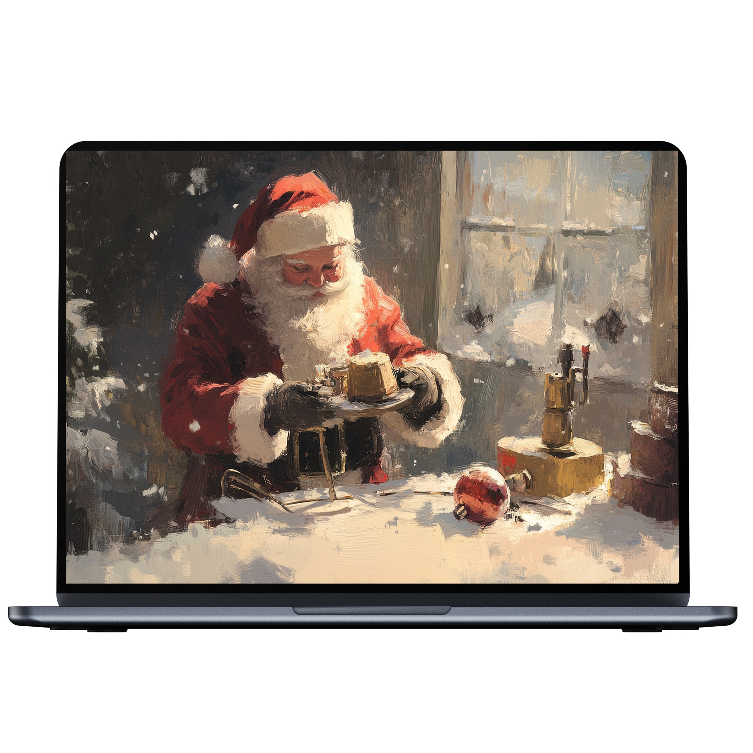 Elegant Christmas desktop wallpaper digital download featuring Santa in warm tones perfect for PC, Laptop, and Mac use