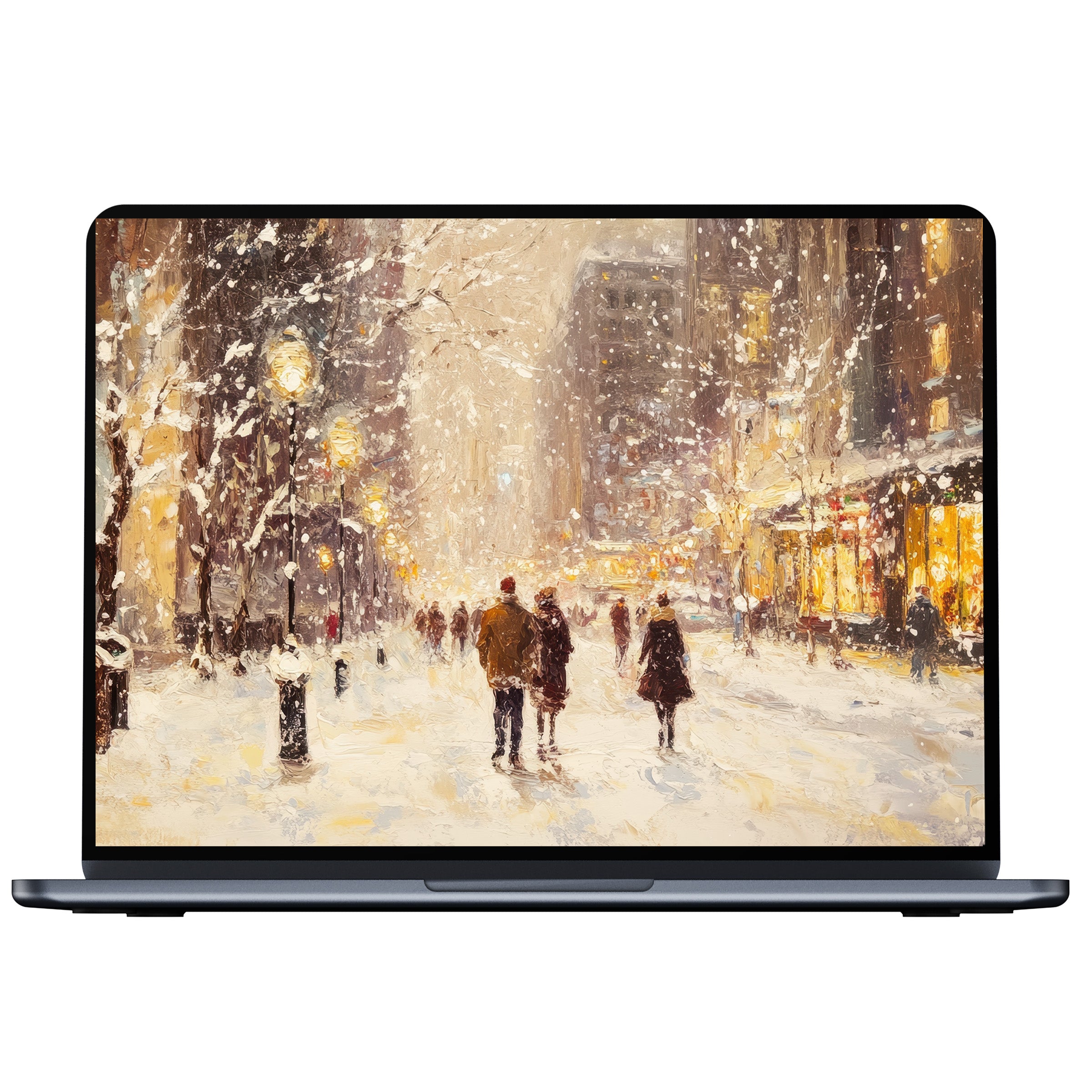 Elegant Christmas desktop wallpaper for PC and laptop featuring a peaceful snowy street scene, available as a digital download