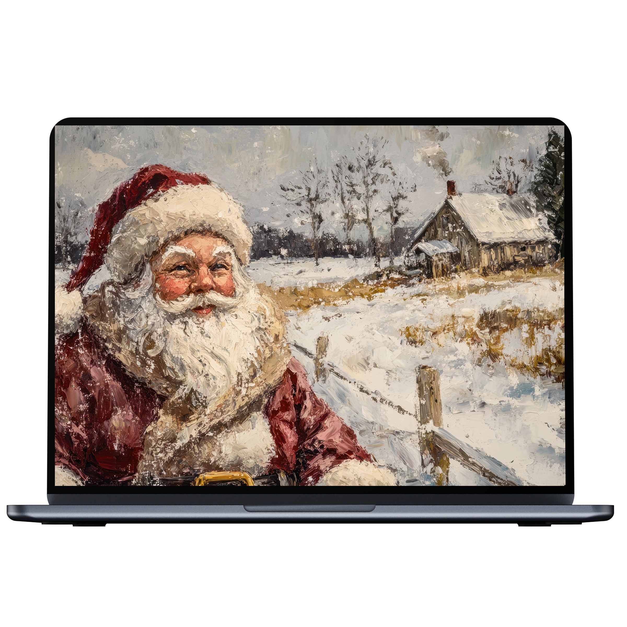Christmas desktop wallpaper featuring a serene snowy Santa scene in impressionist style, perfect digital download for PC, Laptop, Mac