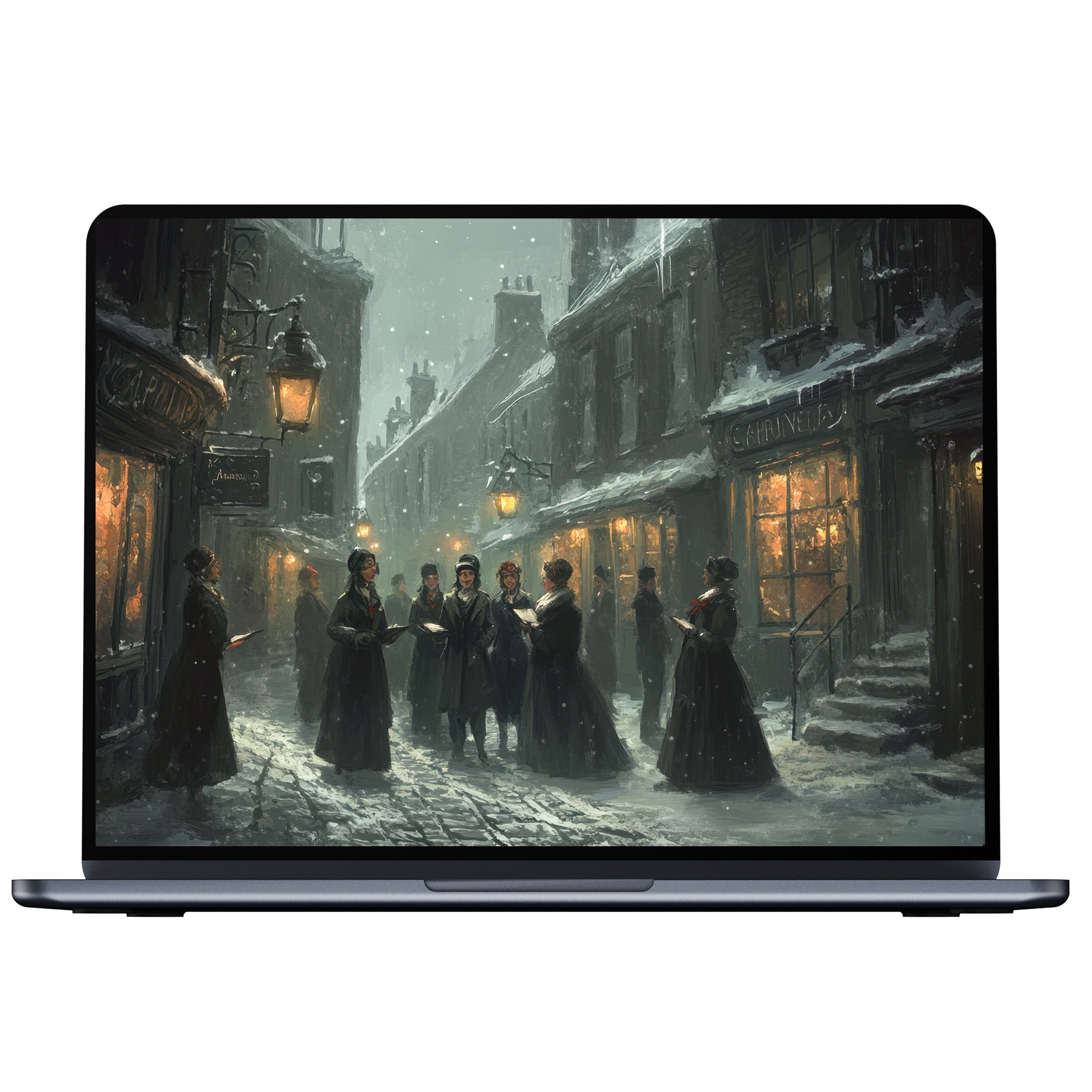 Victorian Christmas street scene in digital art, creating a serene christmas desktop wallpaper for PC and laptop digital download