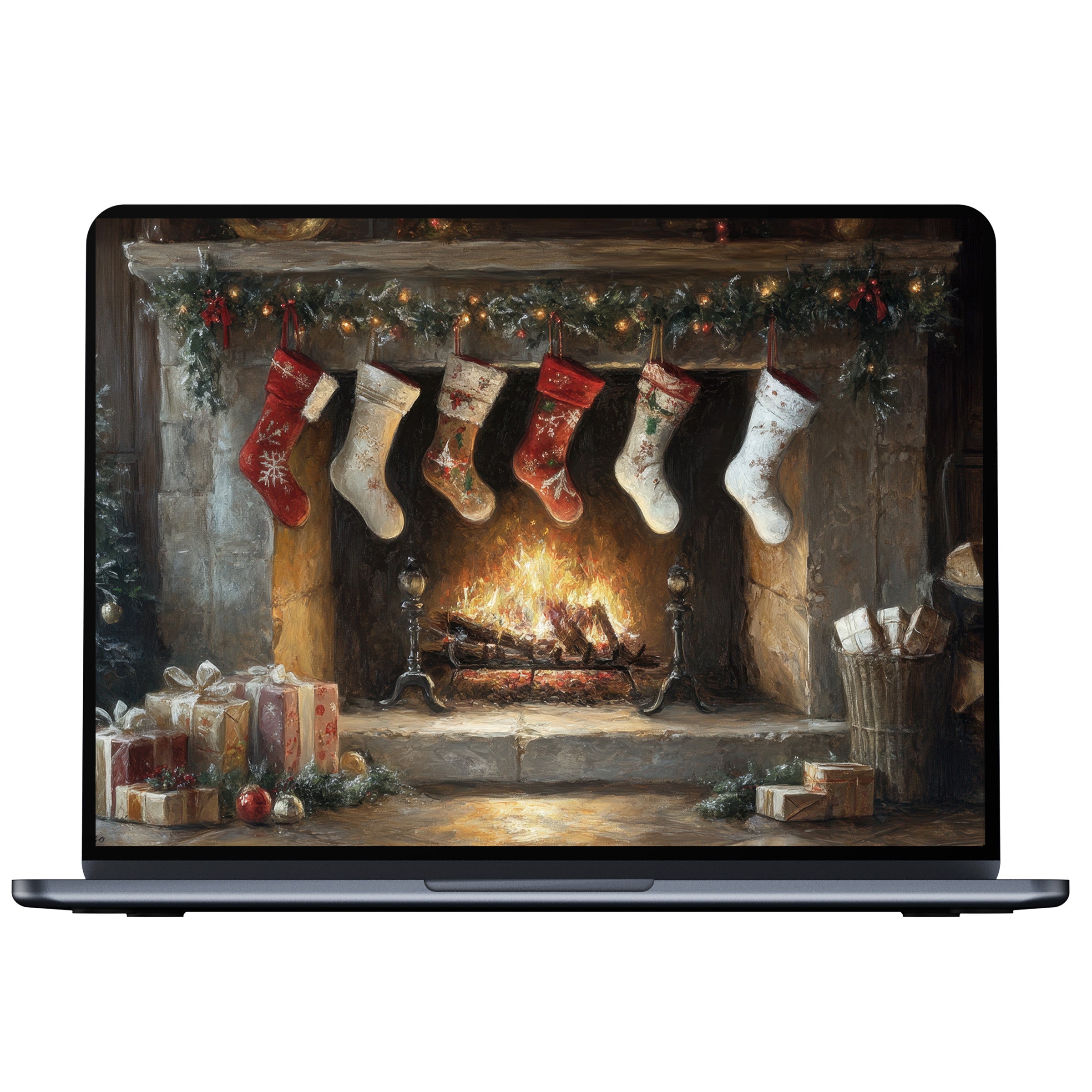 Christmas desktop wallpaper with cozy fireplace, festive stockings, and gifts, perfect digital download for PC and laptop users seeking calm elegance
