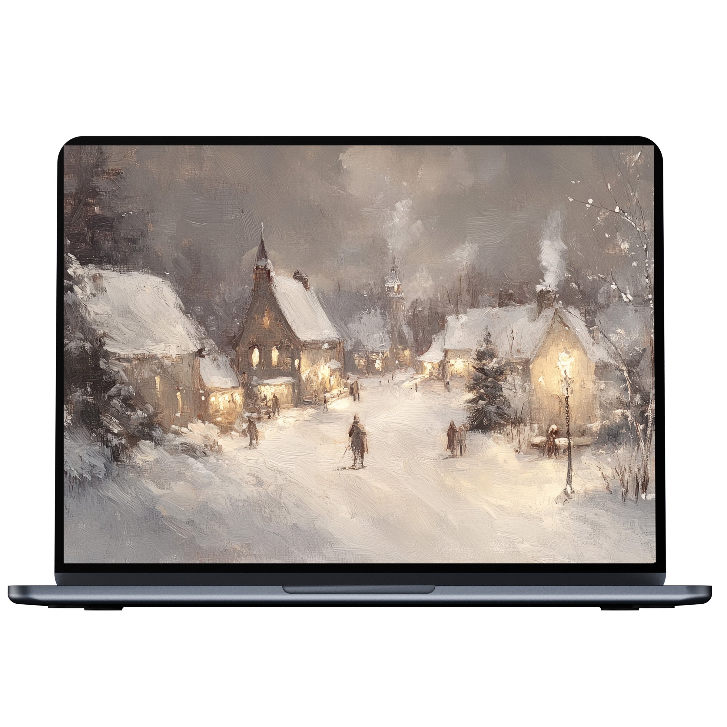 Elegant Christmas desktop wallpaper showcasing a serene snowy village painted in soft hues ideal for digital download on PC or laptop