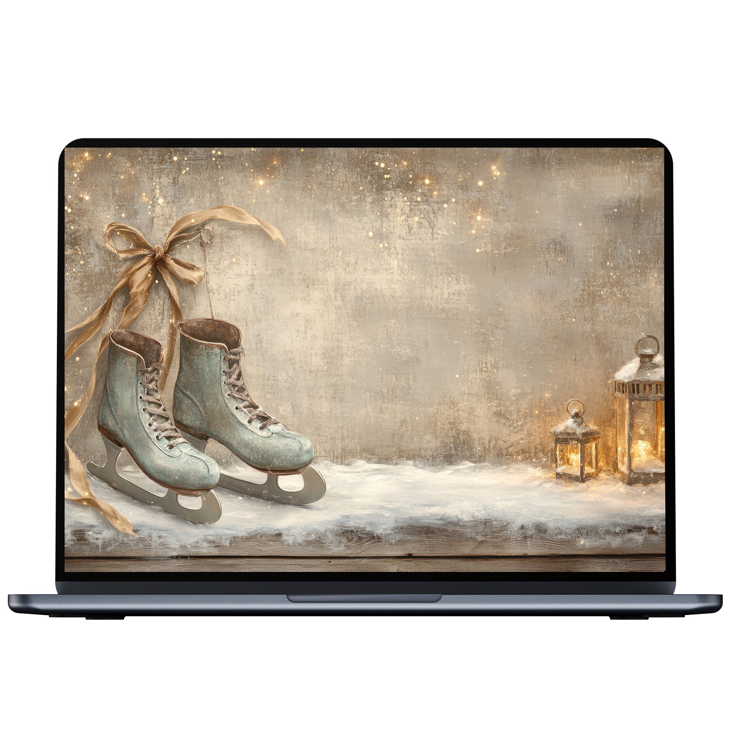 Vintage ice skates and lanterns on snowy background create a serene christmas desktop wallpaper for PC and laptop digital download