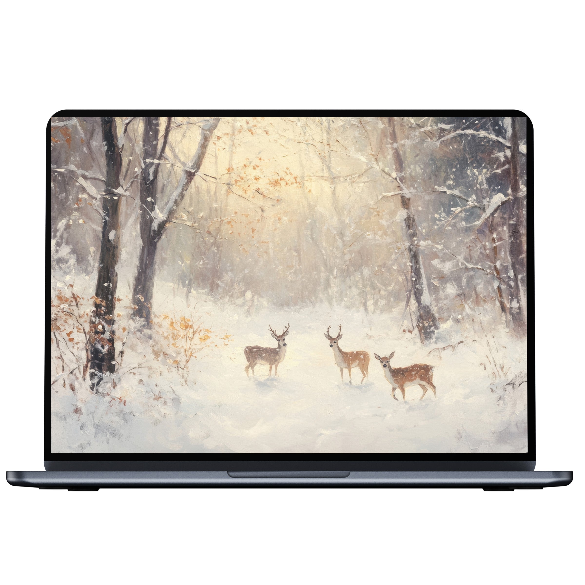 Serene forest scene with deer in snow offers a calming Christmas desktop wallpaper for PC and laptop digital download users