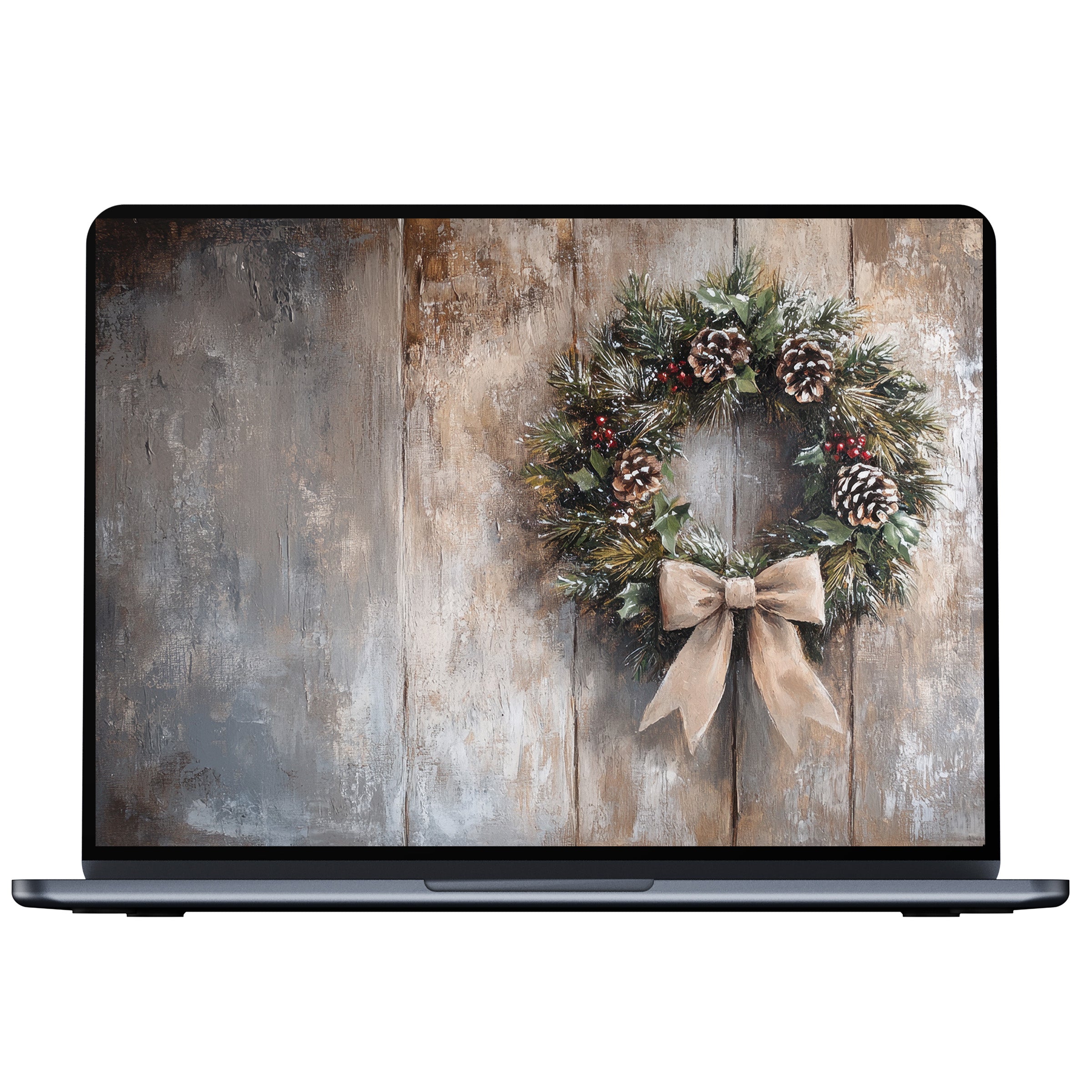 Elegant christmas desktop wallpaper with rustic wreath on wooden texture offers calm, inspiring digital download for PC and laptop