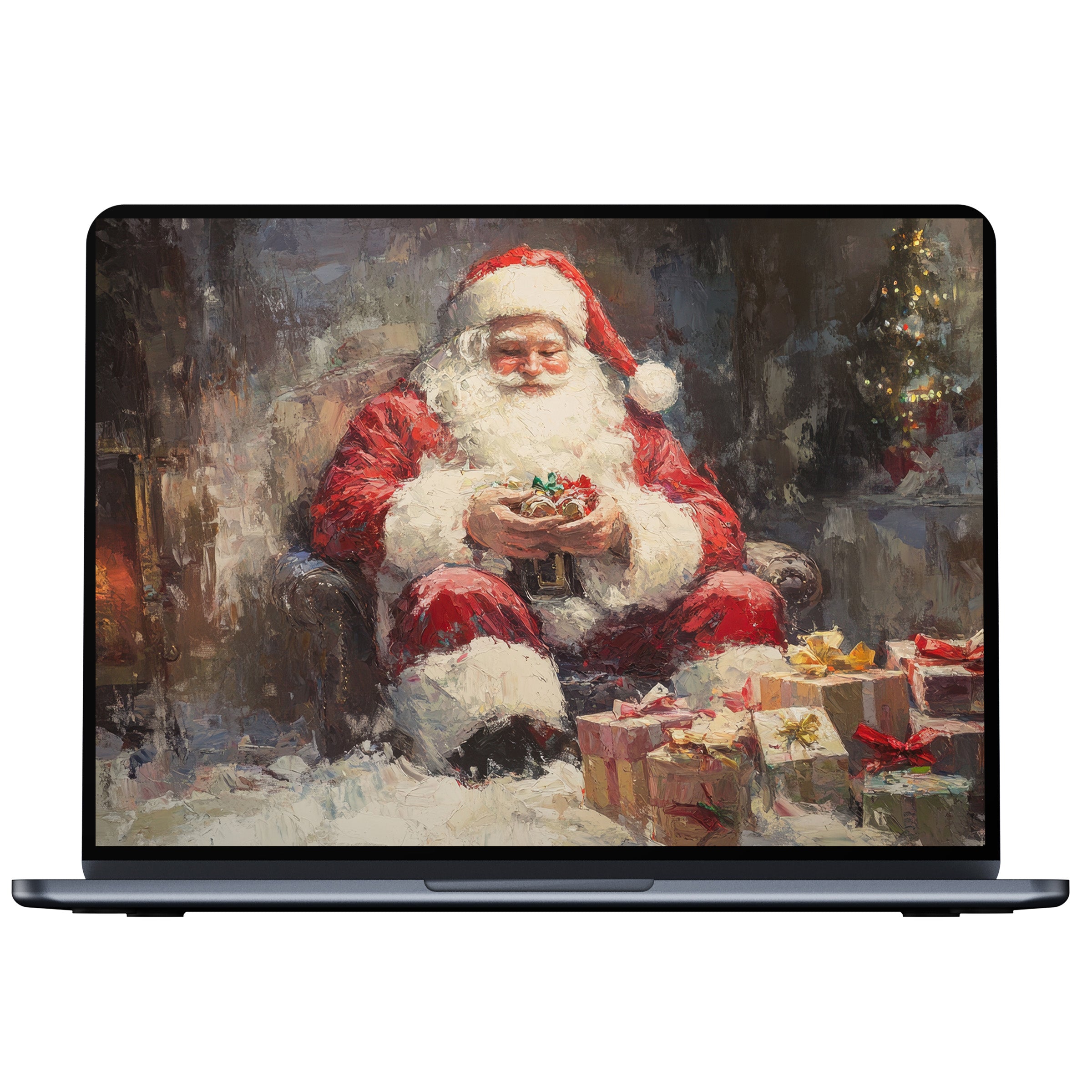 Christmas desktop wallpaper with a cozy Santa in vibrant reds, painted textures with gifts, perfect digital download for PC or laptop