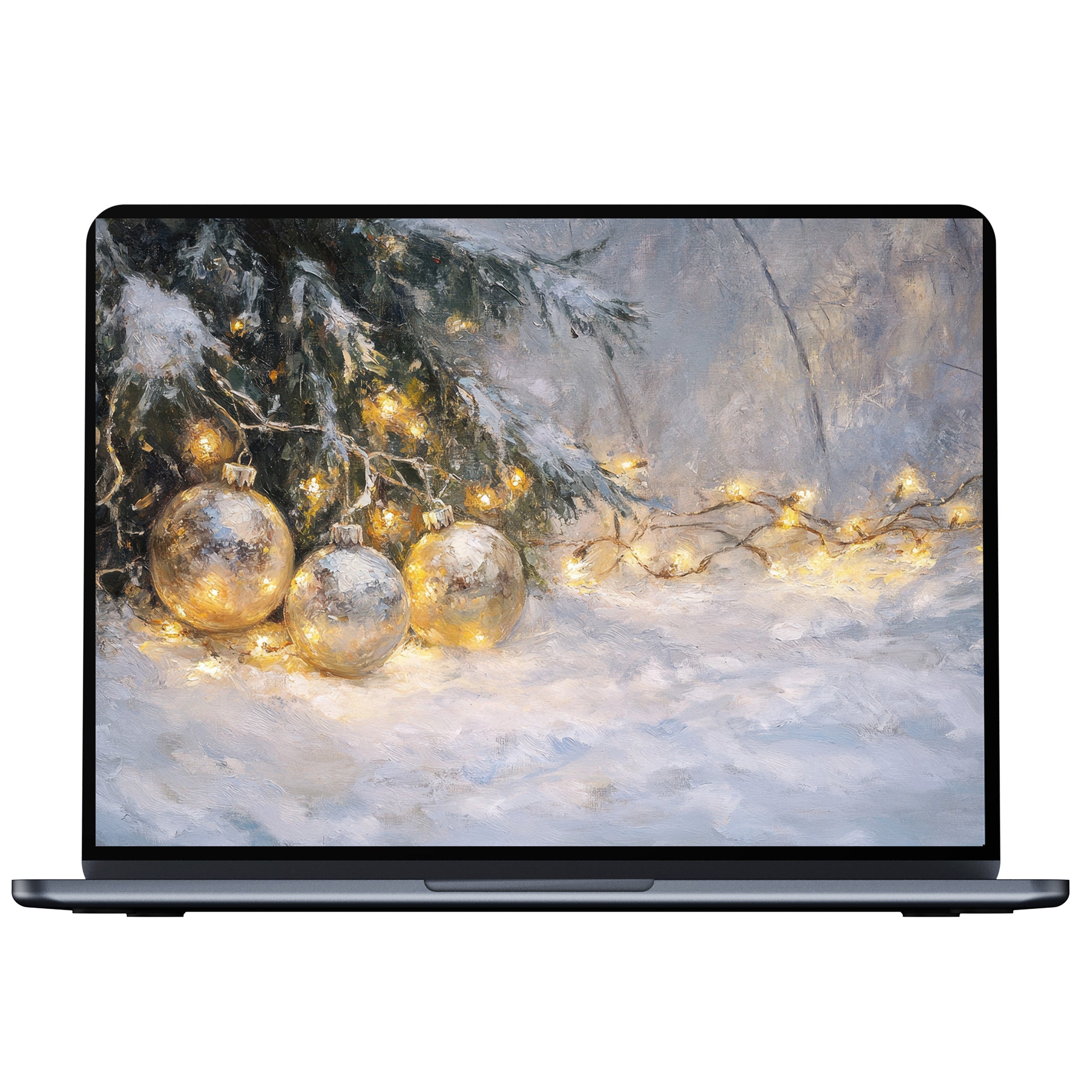 Elegant Christmas desktop wallpaper digital download with snowy branches, golden lights, and ornaments, perfect for PC, Laptop, or Mac