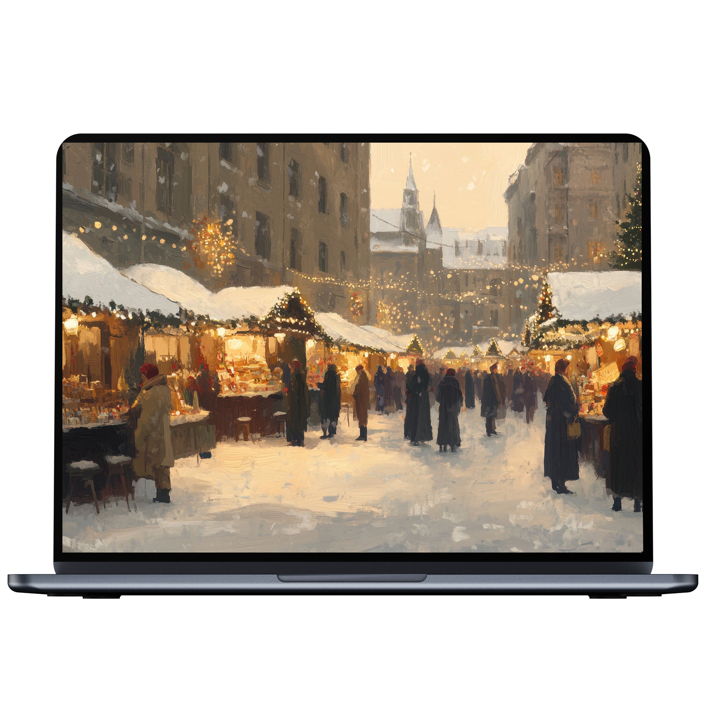 Elegant Christmas desktop wallpaper with festive market scene, evoking calm inspiration for PC or laptop digital download