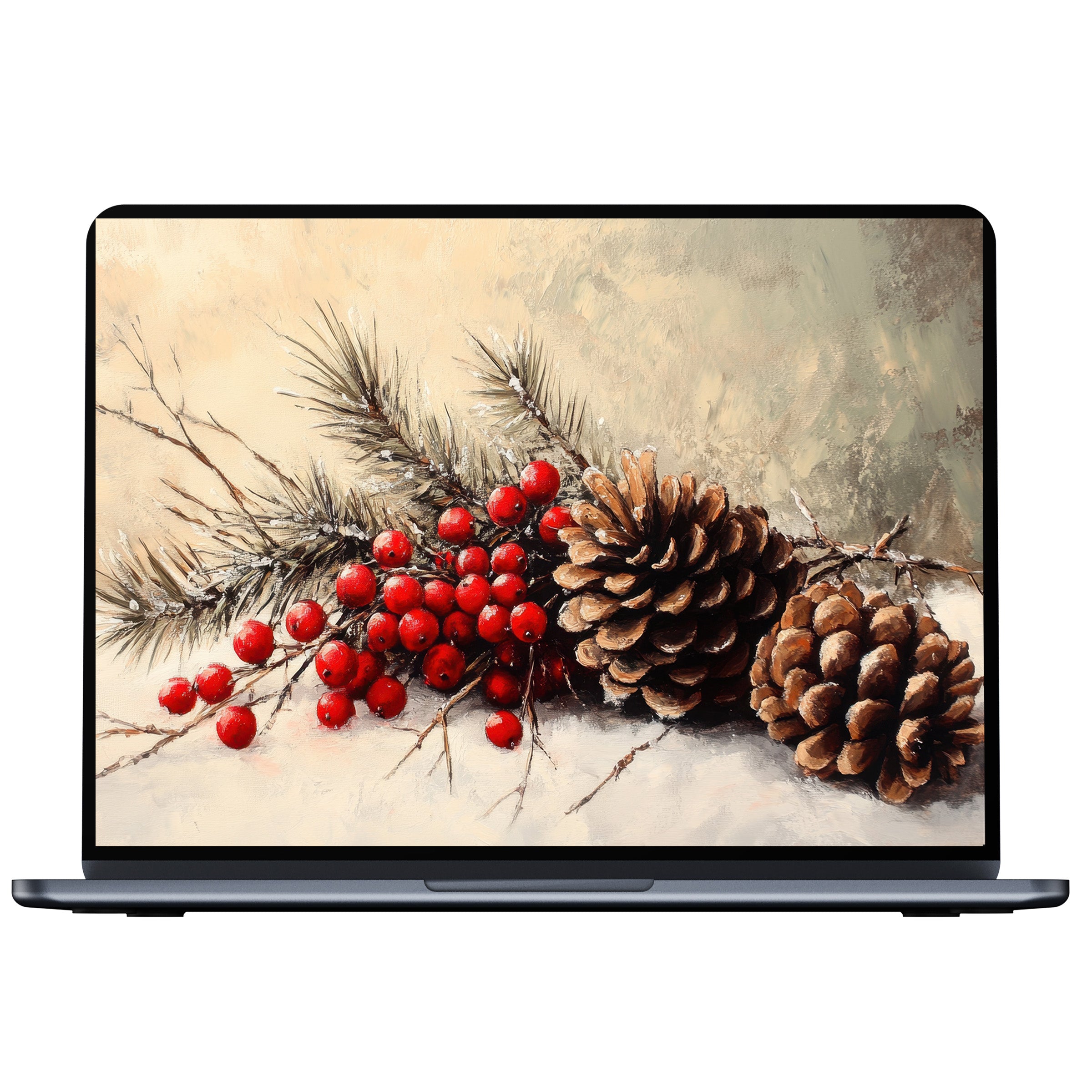 Christmas desktop wallpaper for PC, laptop, or Mac featuring serene pinecones and berries digital download for stylish elegance