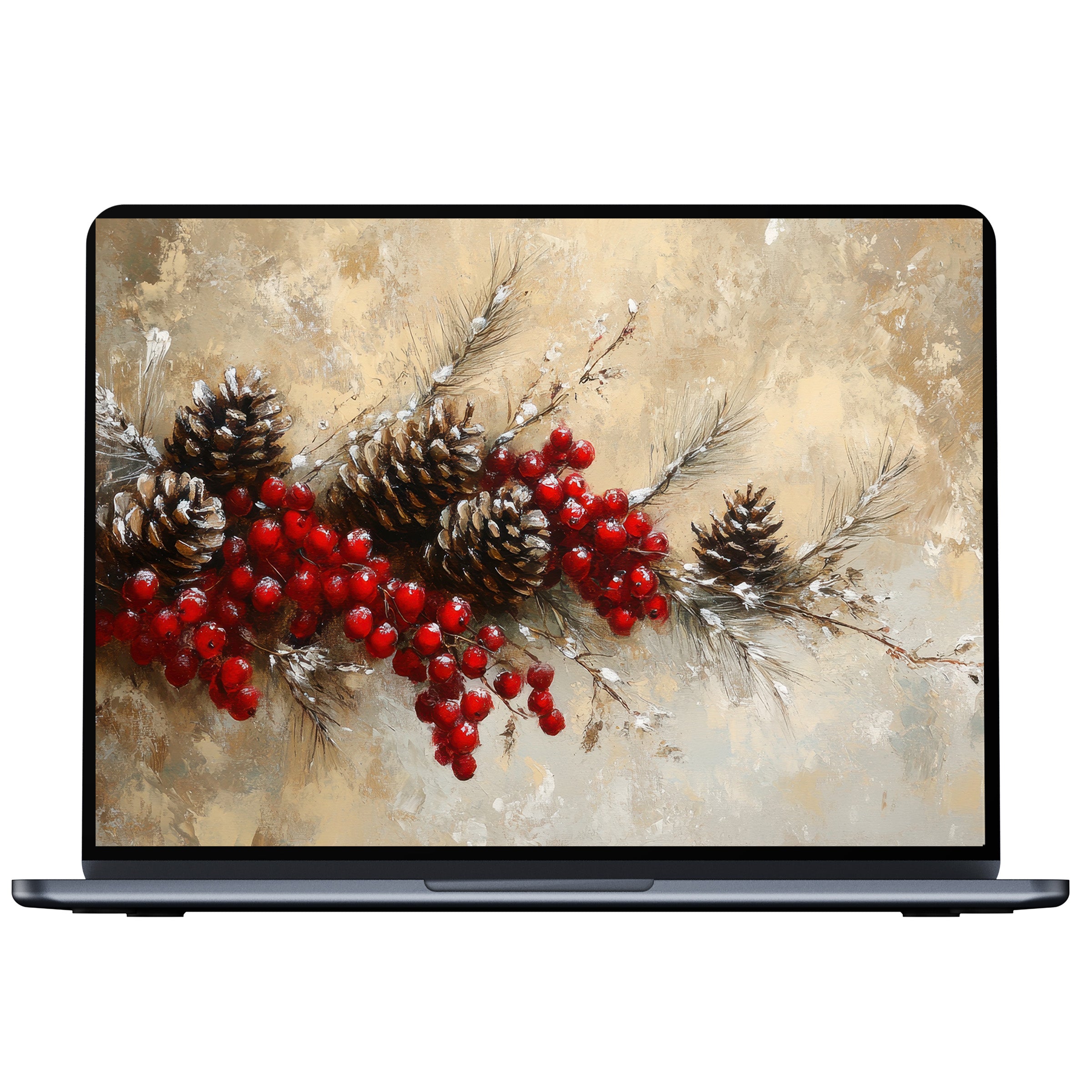 Elegant christmas desktop wallpaper digital download with pinecones and red berries offers calming inspiration for PC and laptop screens
