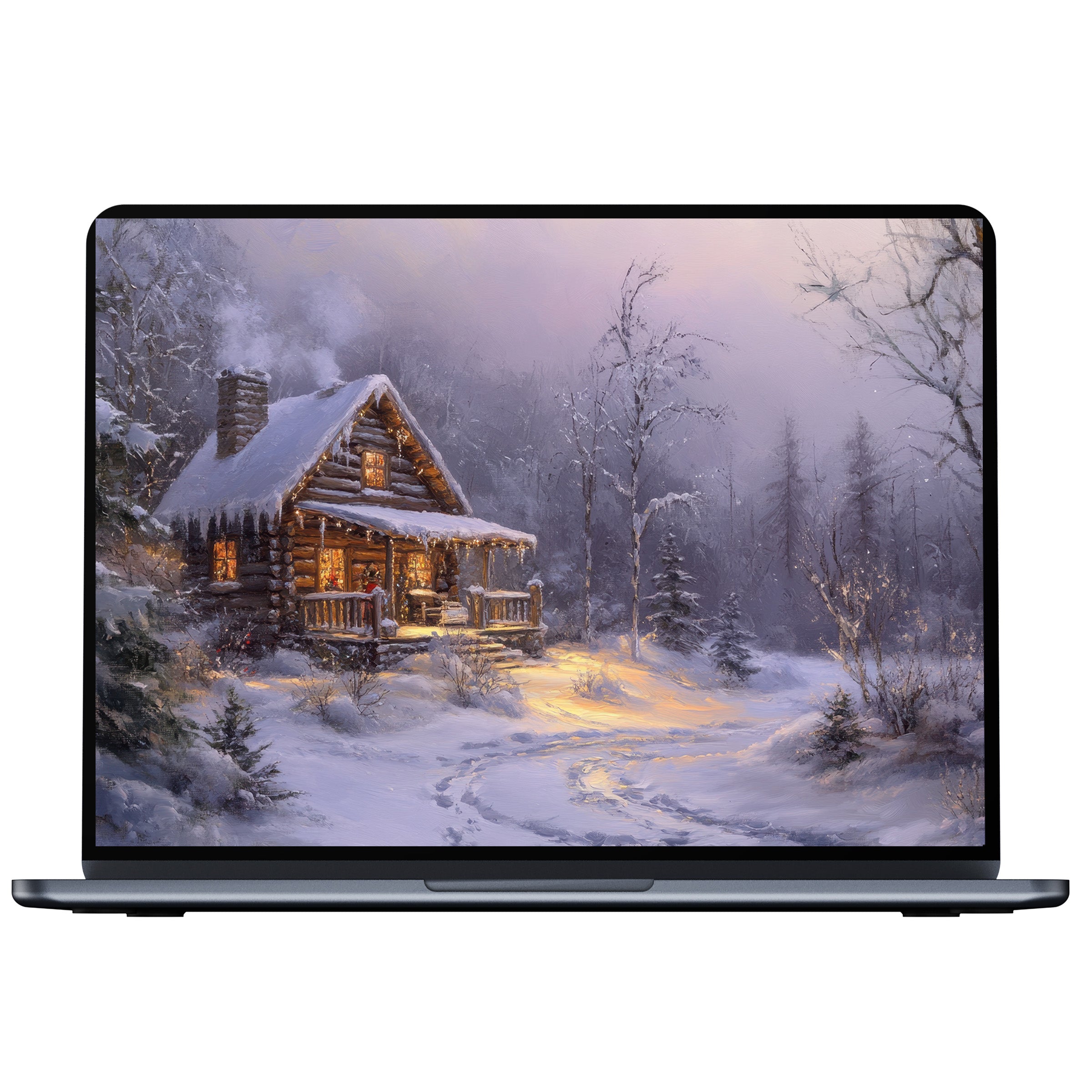 Cozy snow-covered cabin Christmas desktop wallpaper for an elegant digital download on PC or laptop inspiring tranquility and warmth