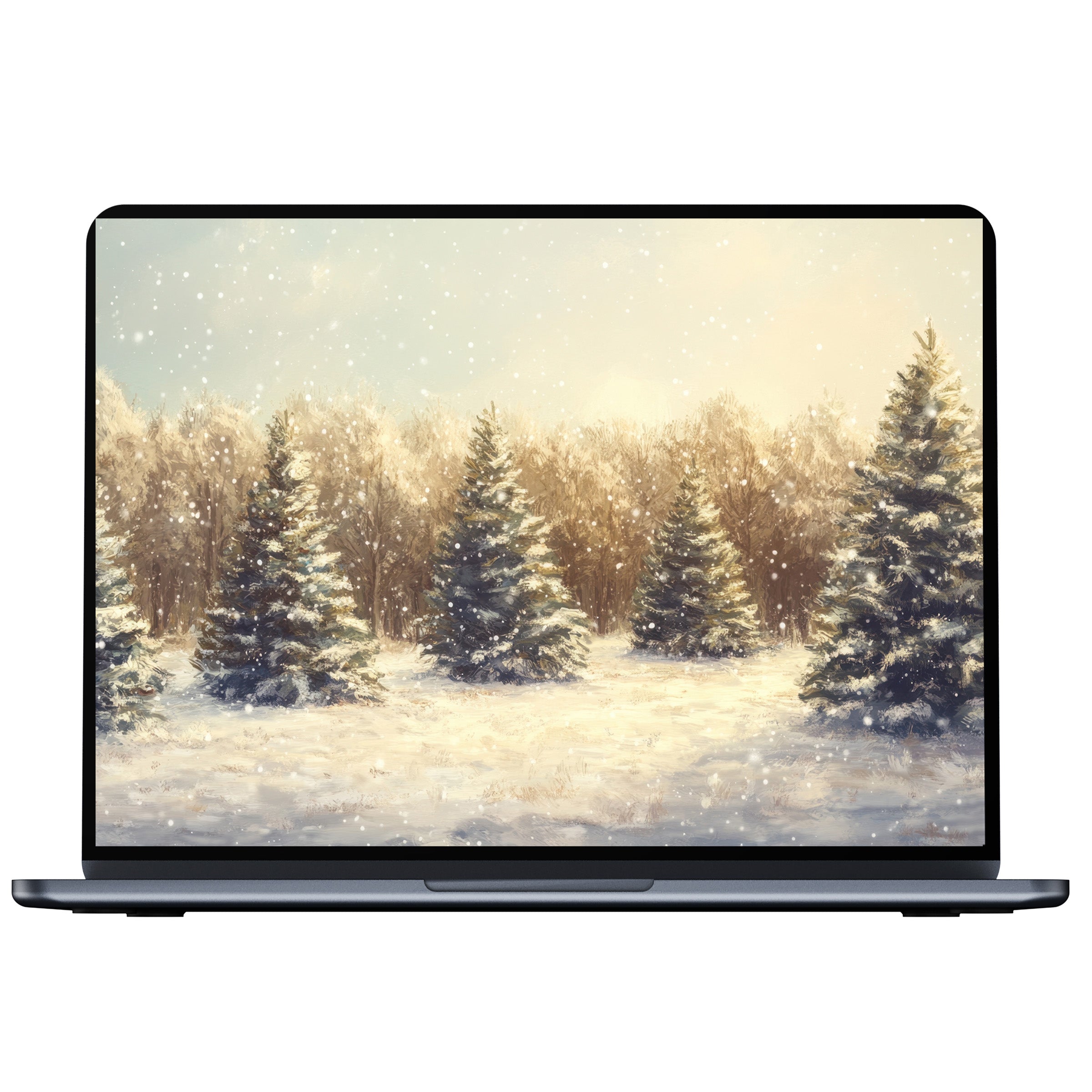 Serene christmas desktop wallpaper with snow-covered trees in warm tones, perfect for PC, laptop, digital download creating calm elegance