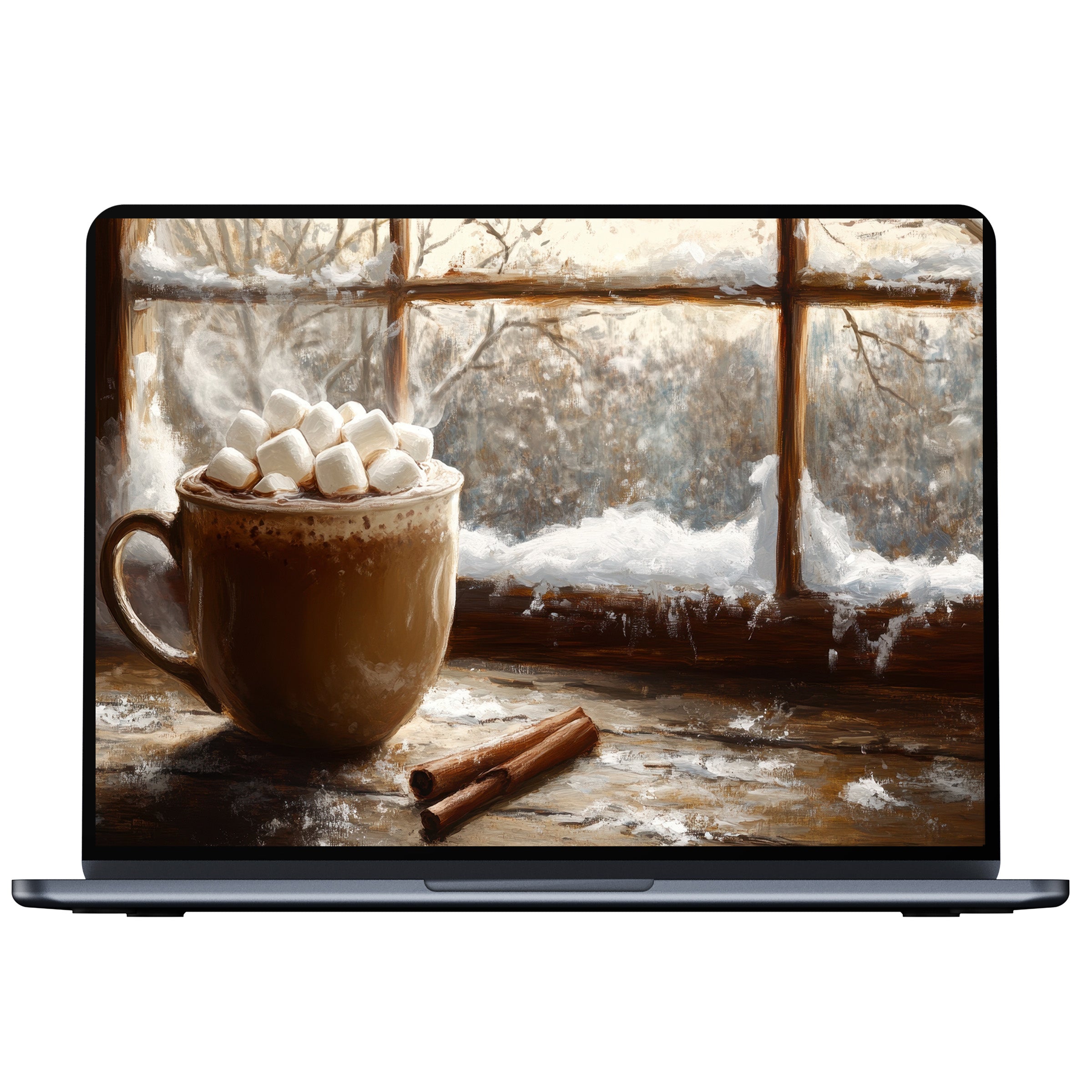 Christmas desktop wallpaper featuring warm cocoa and snow-laden window creating a serene digital download for PC and laptop users