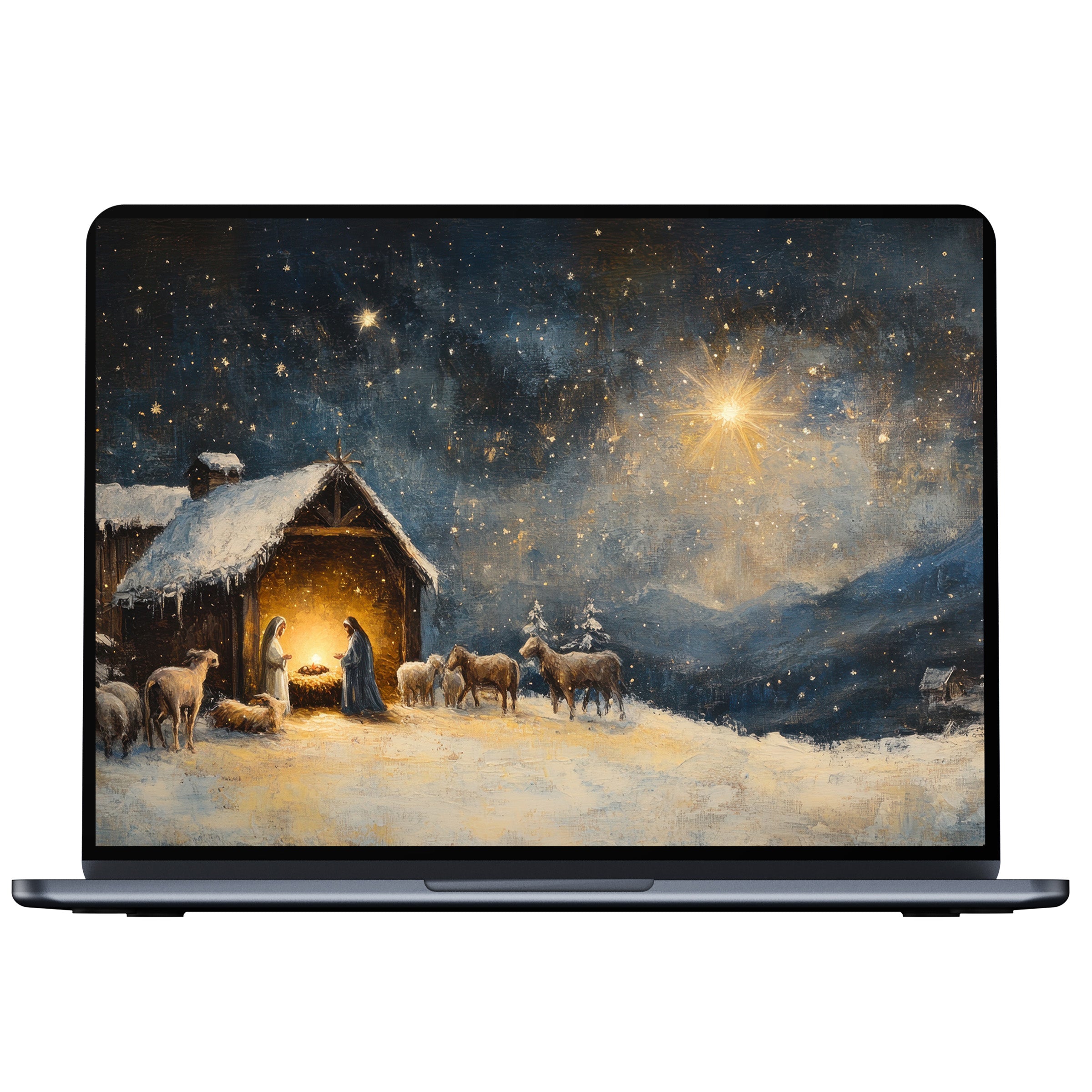 Christmas desktop wallpaper depicting serene nativity scene under starlit sky ideal for digital download on PC or laptop