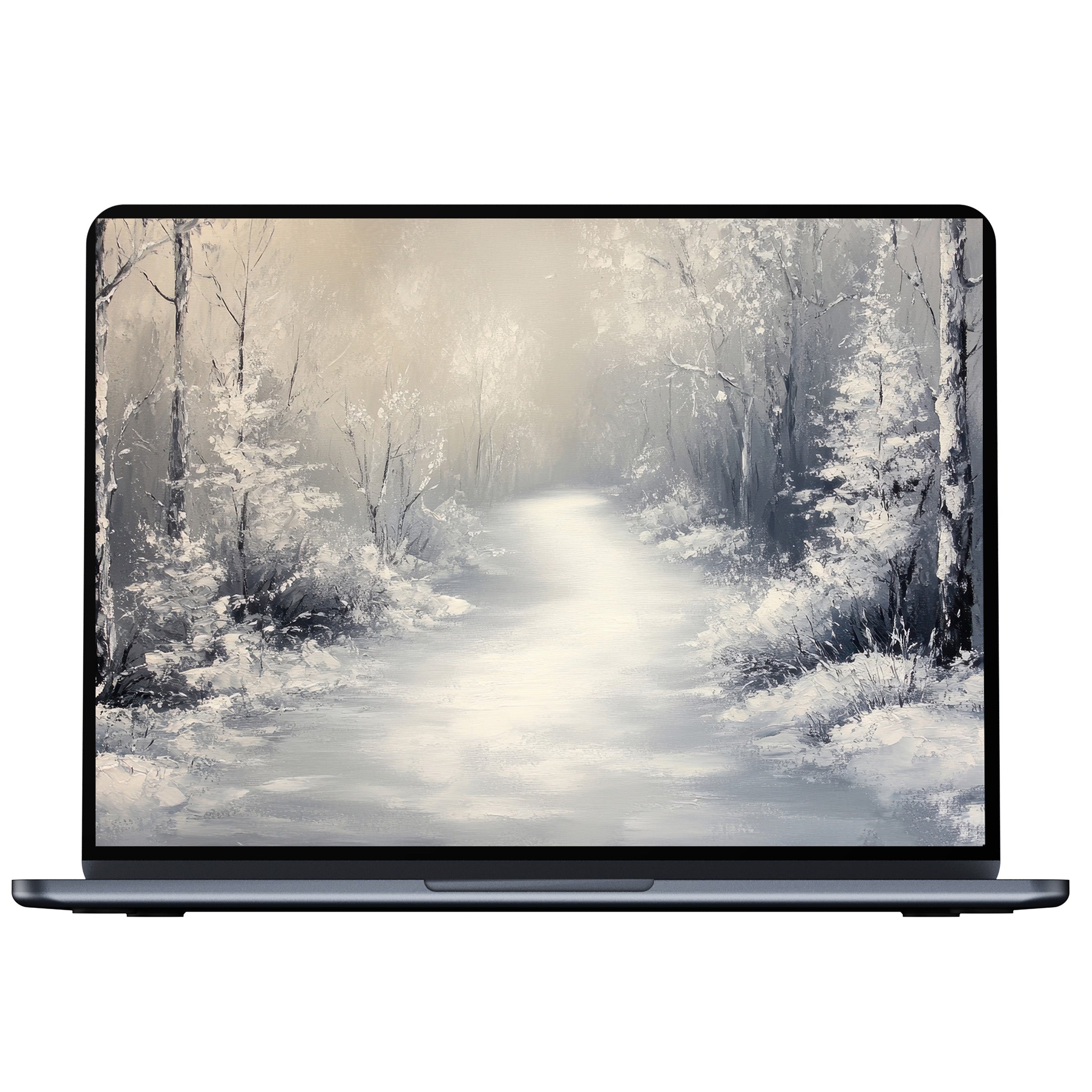 Serene winter scene in grayscale tones on PC laptop screen, Christmas desktop wallpaper digital download for elegance and calm