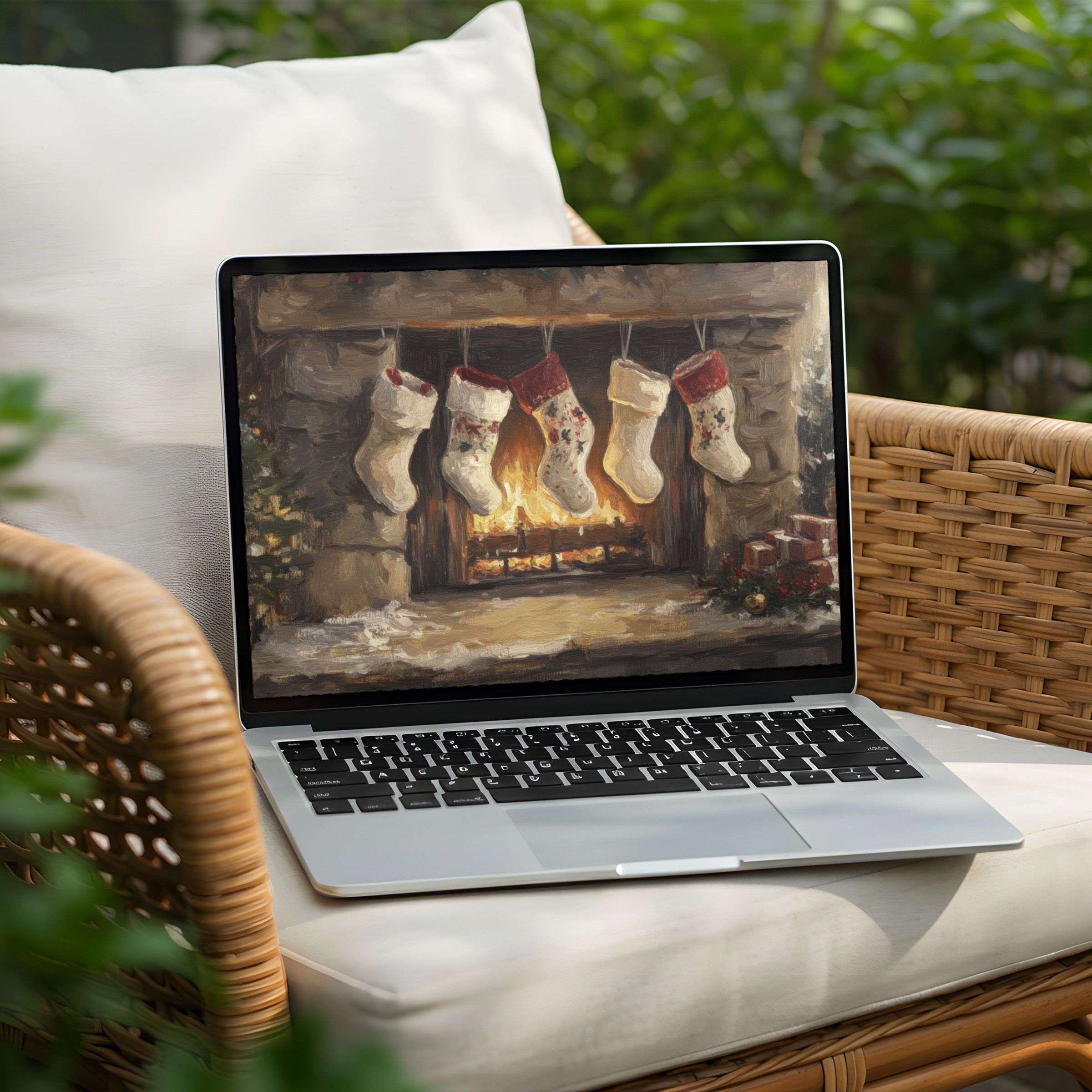 Cozy digital art of a festive fireplace scene for desktop background on PC or Laptop instant download for calm elegance