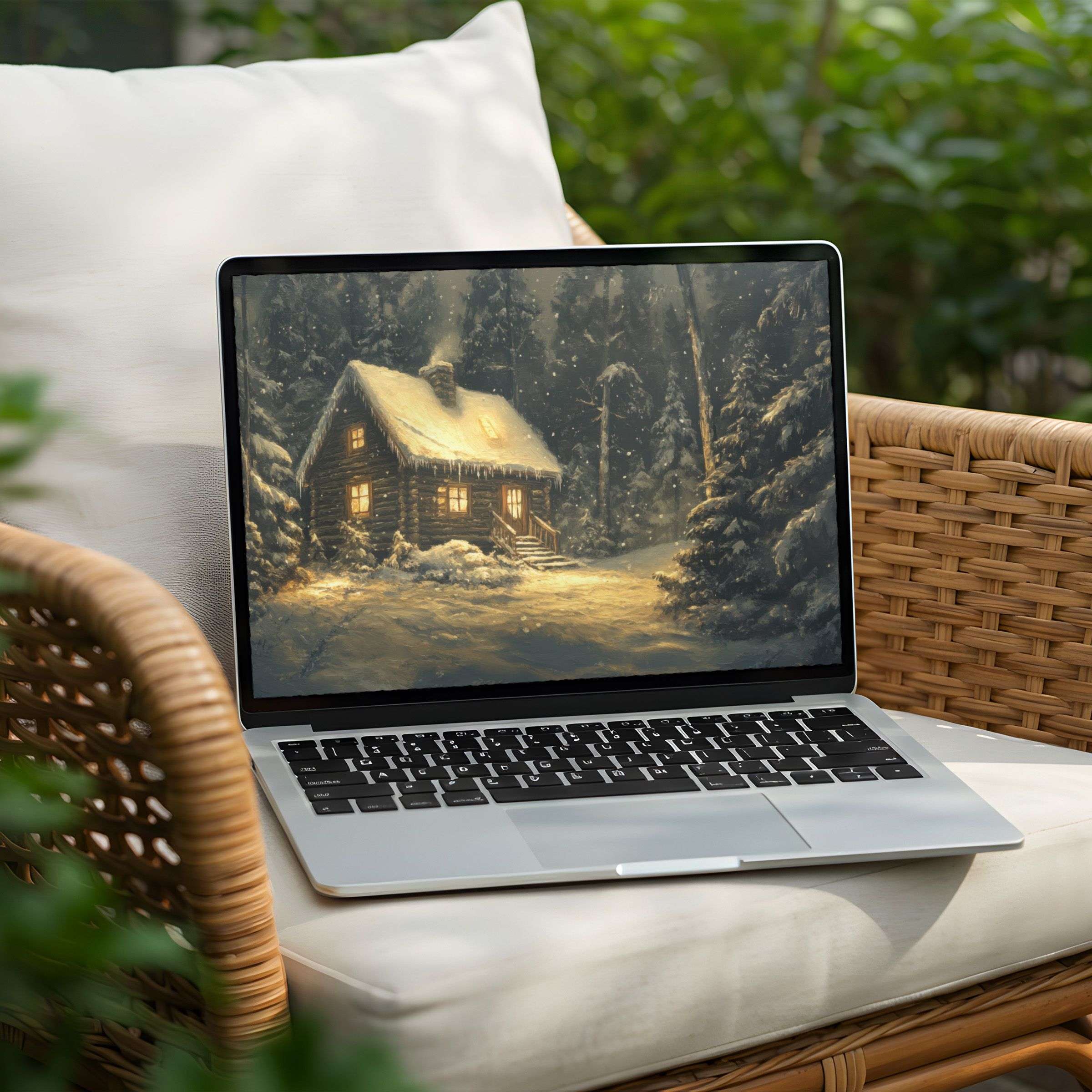Cozy winter cabin desktop background for PC and Laptop instant download offers calm inspiration with elegant snowy scene