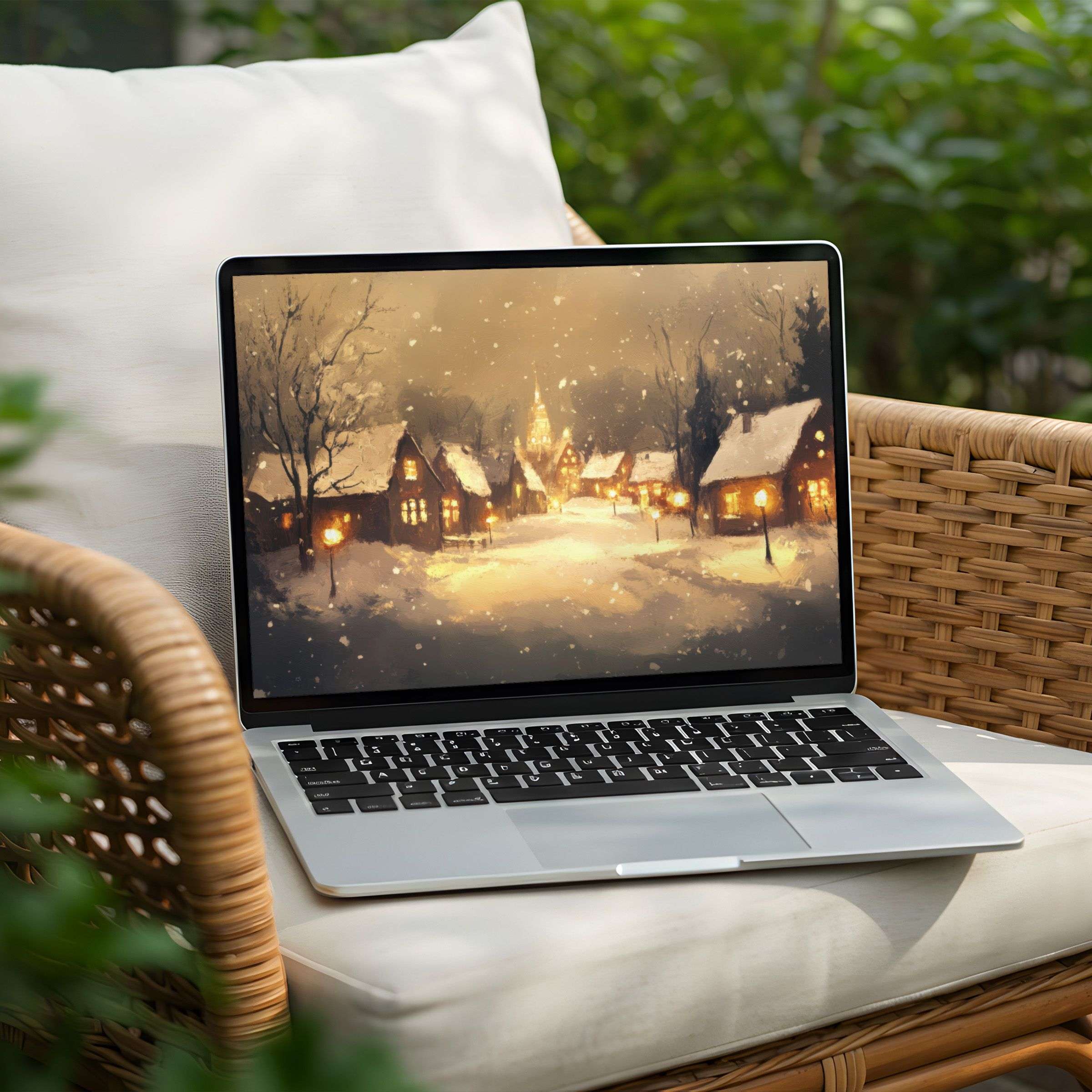 Cozy winter village desktop background for PC and Laptop, available as an instant download Enhance calm and mindful aesthetics