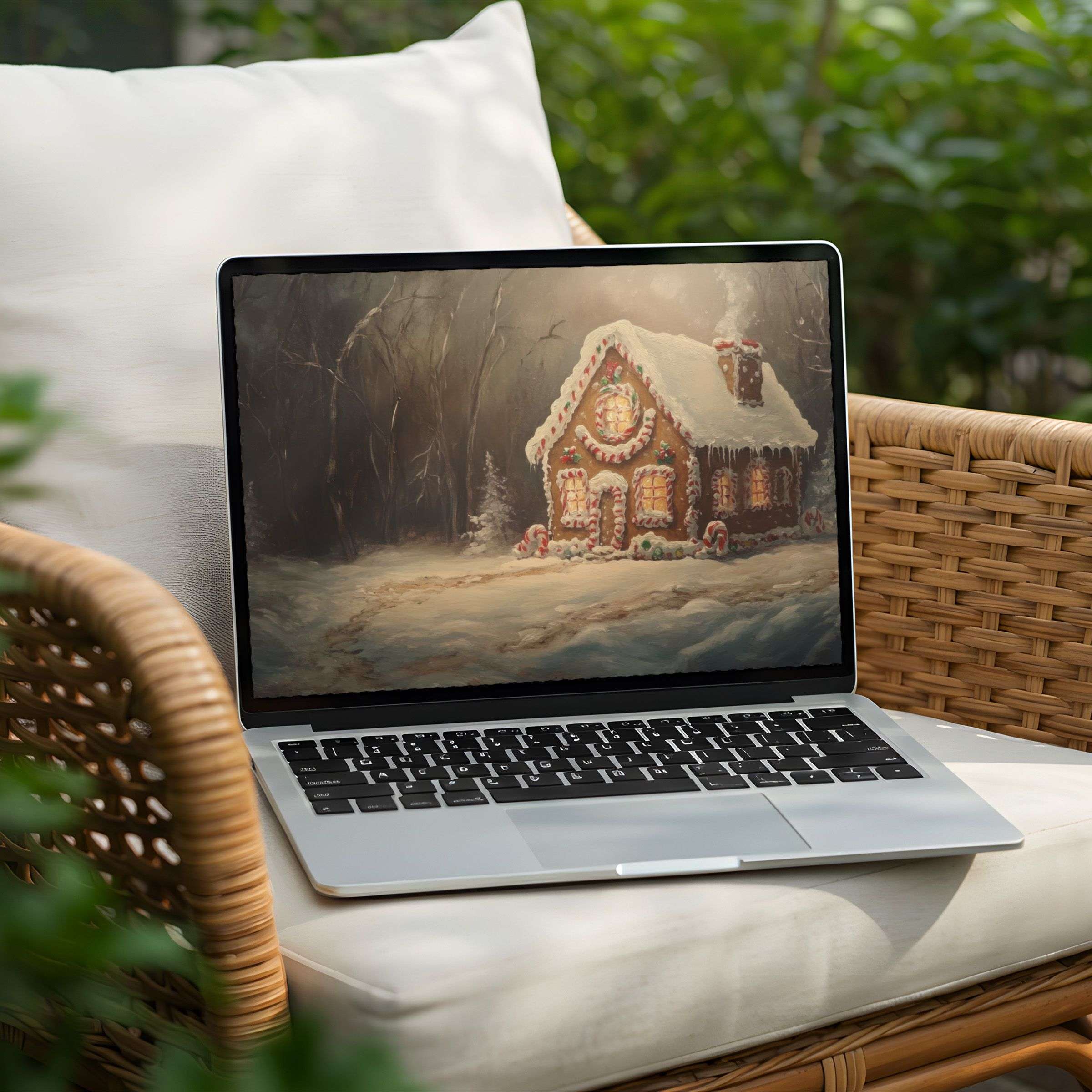 Calming gingerbread house desktop background for PC and Laptop creates elegance and inspiration with instant download option