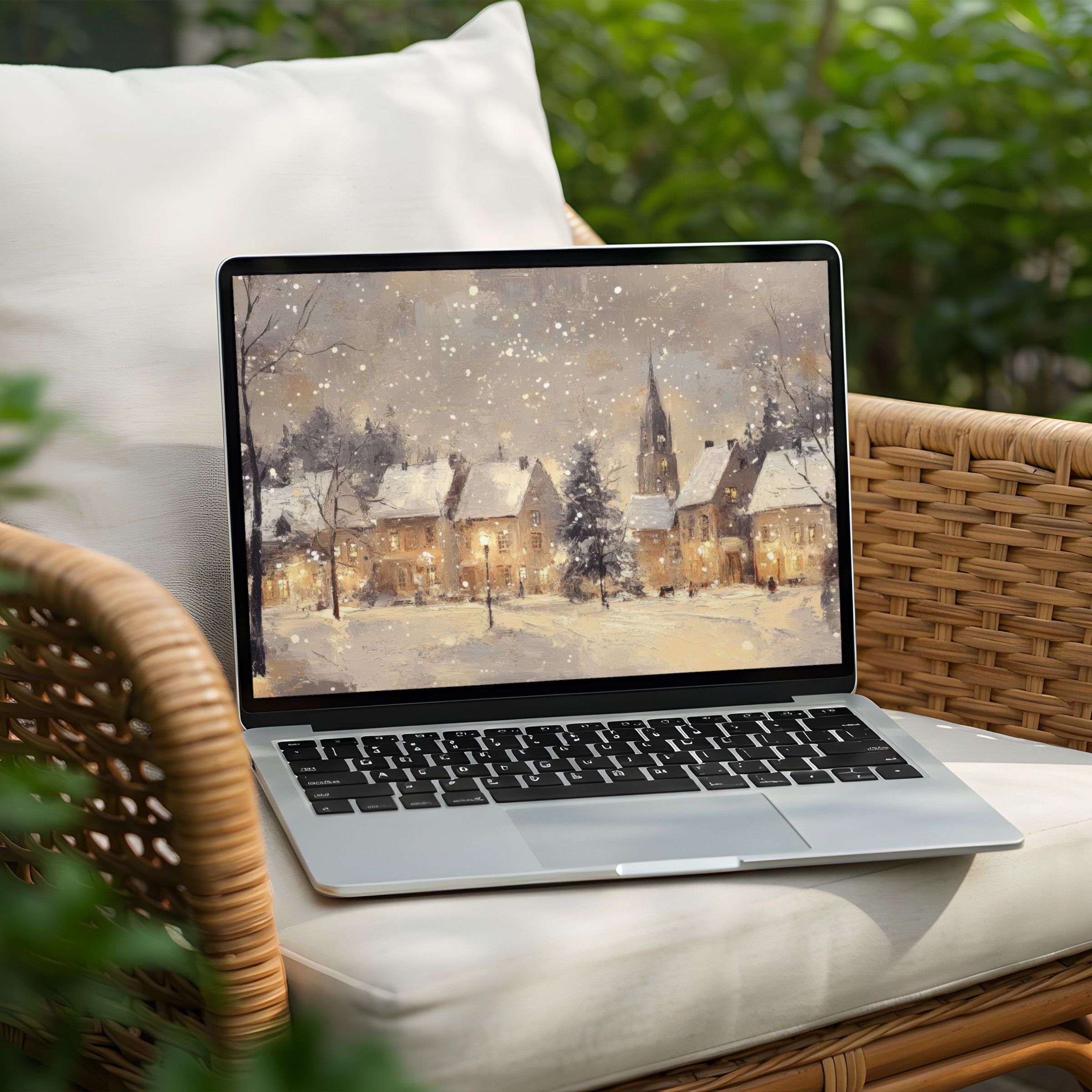 Elegant winter village desktop background for PC or laptop instant download for mindful inspiration and serene aesthetics
