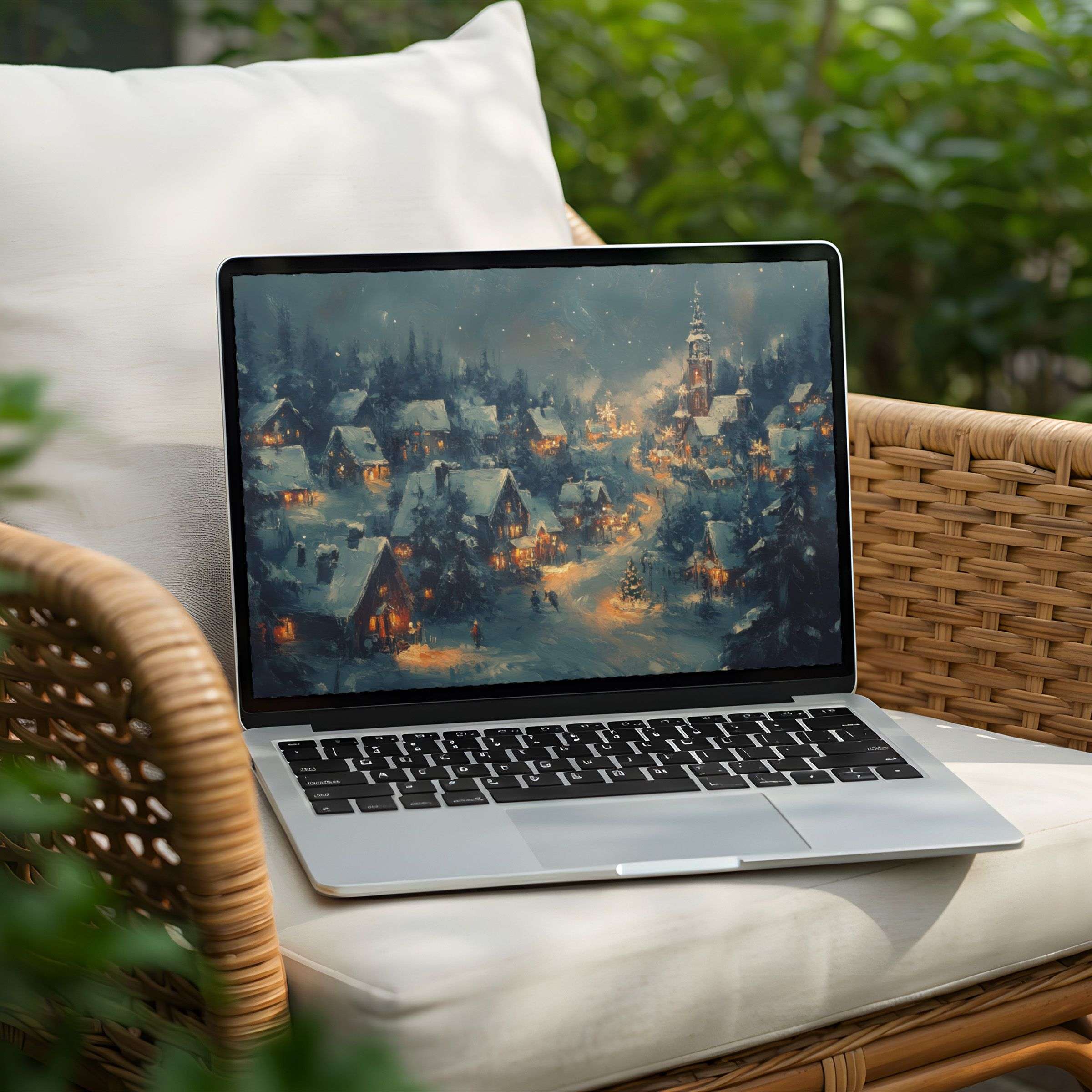 Cozy winter village scene desktop background for PC and Laptop instant download inspiring calm and elegant digital art