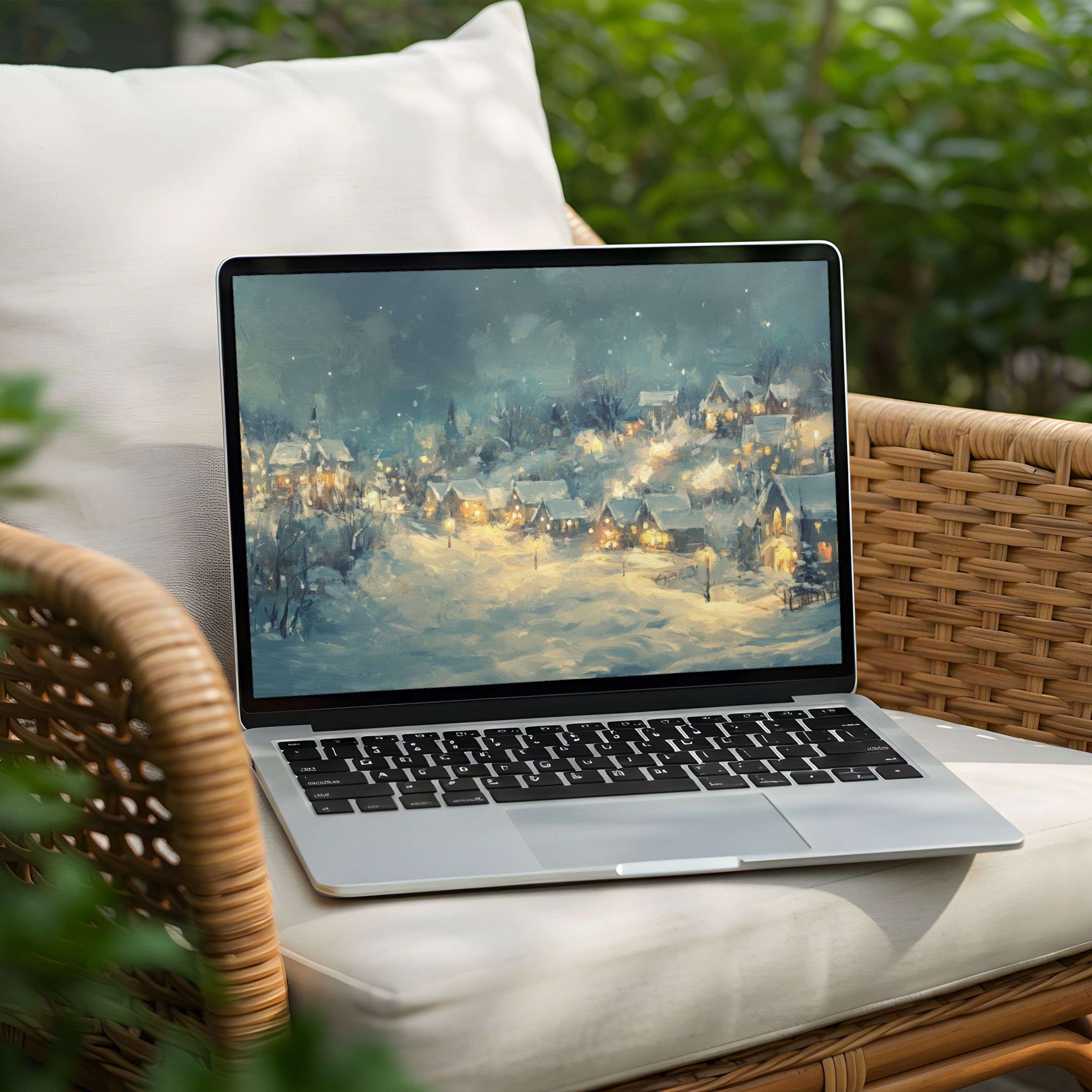 Cozy winter village desktop background for PC or Laptop instantly downloadable evokes calm inspiring elegance and mindful beauty