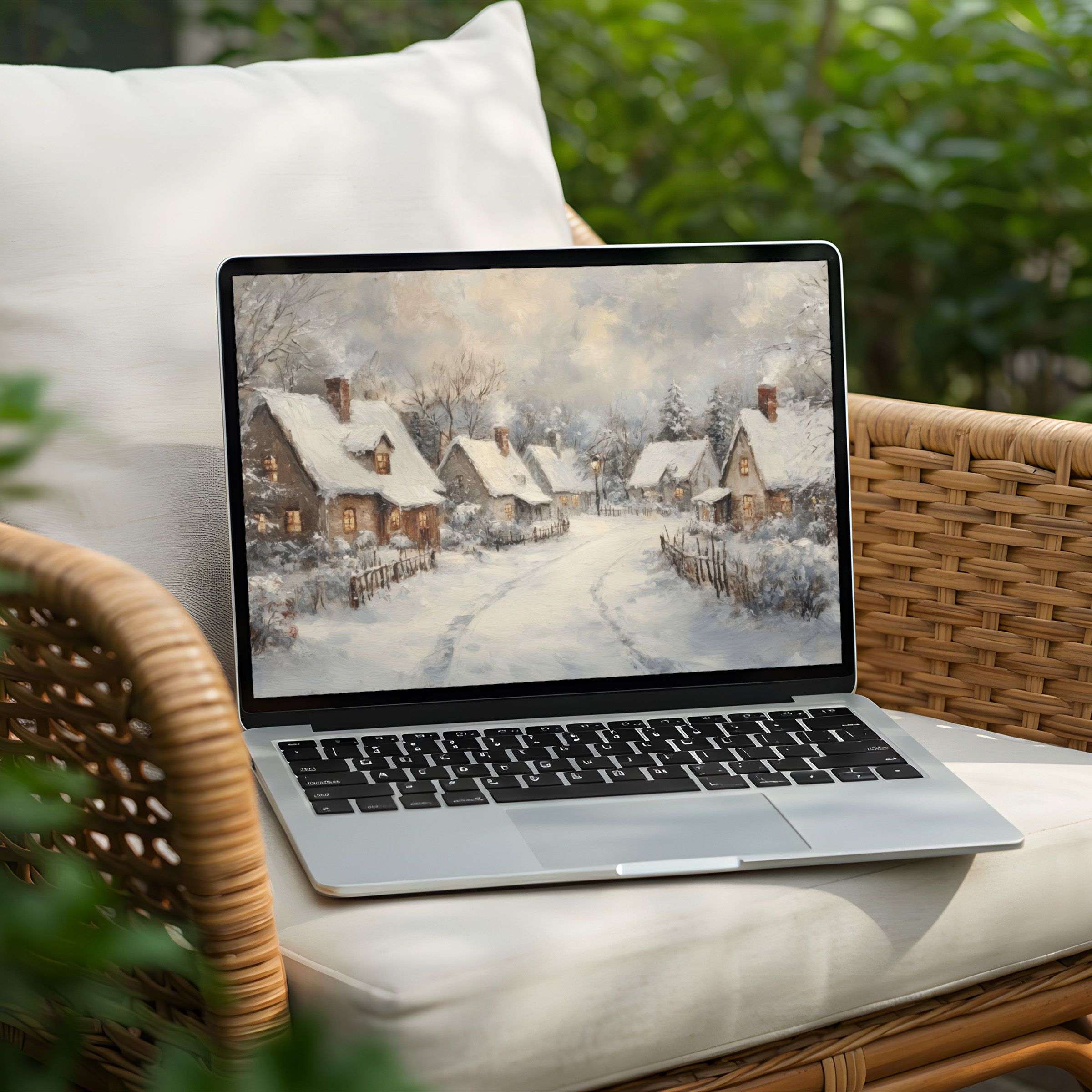Instant download this serene snowy village desktop background for PC or Laptop to inspire calm and elegance in your space
