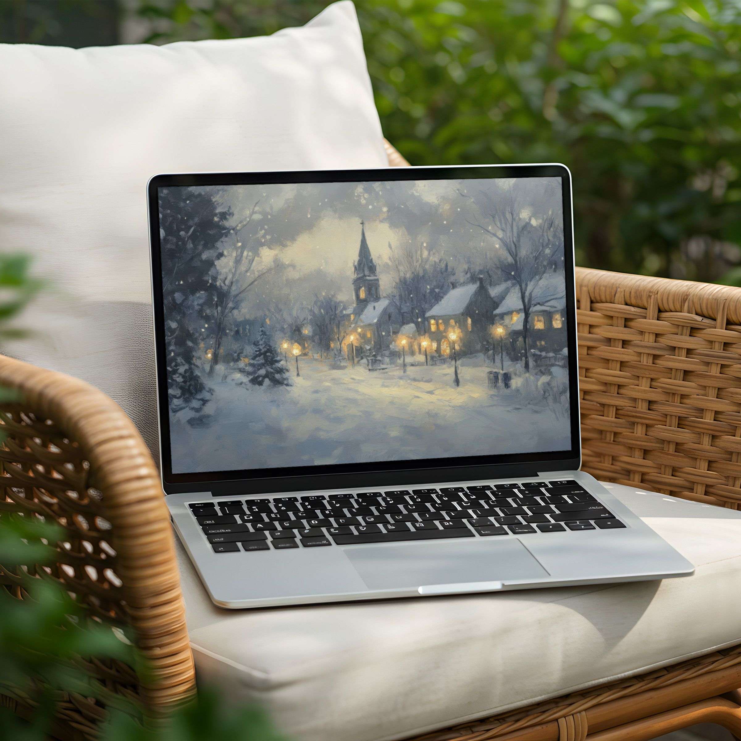 Elegant winter village painting desktop background for PC and Laptop, instant download evokes calm inspiration and mindfulness