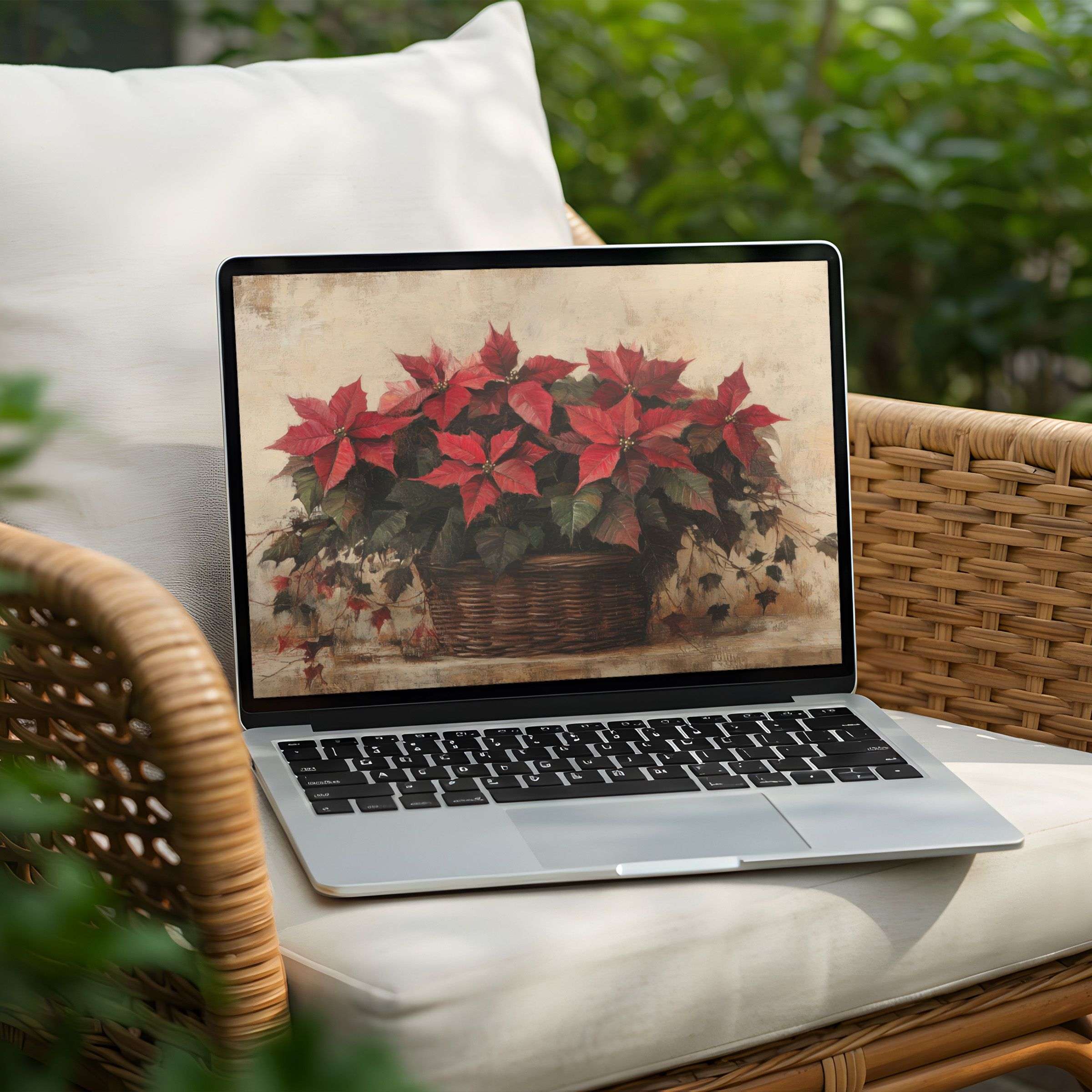 Elegant poinsettia artwork in a wicker basket for PC or Laptop desktop background, instant download for mindful inspiration