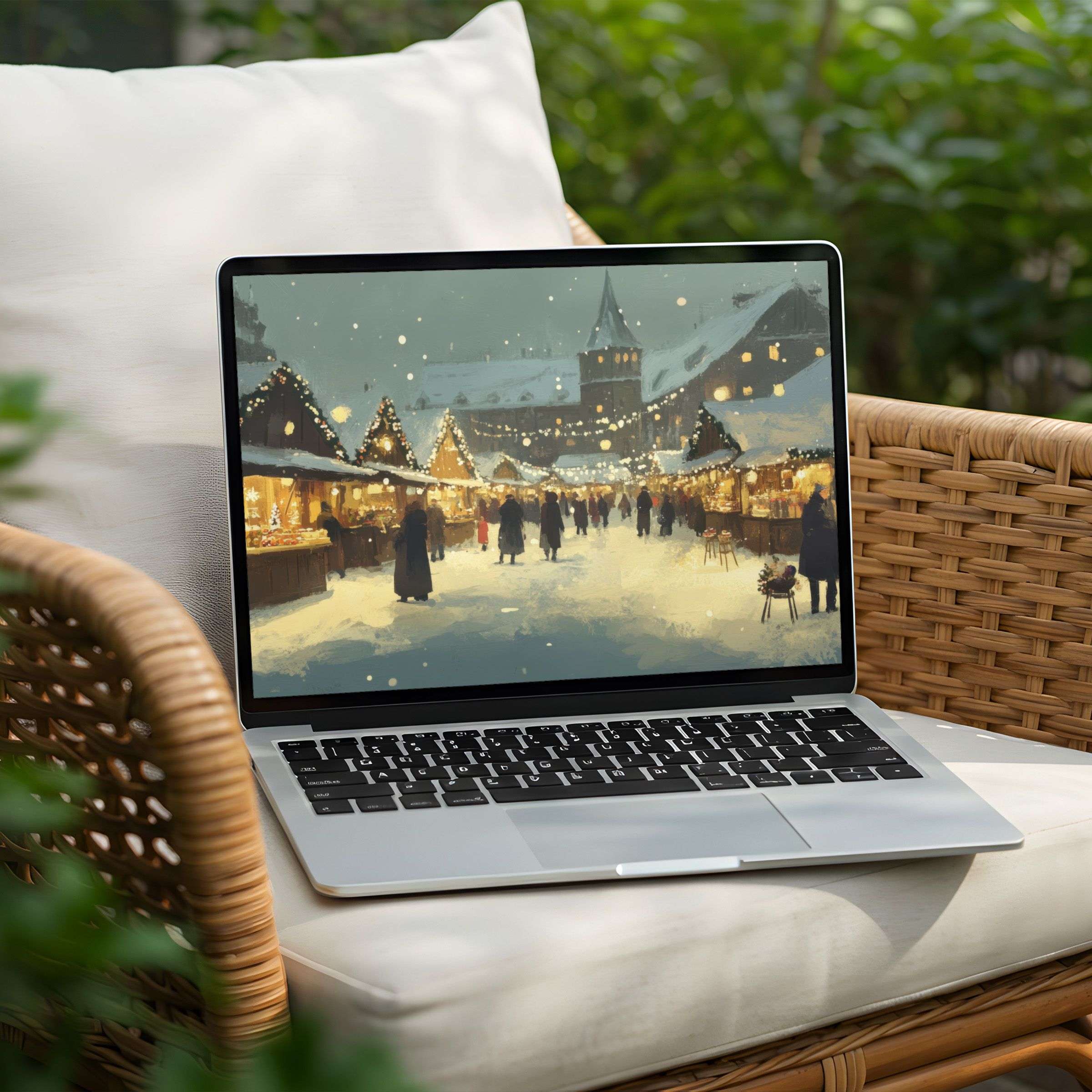 Enchanting winter market desktop background for PC and Laptop offers instant download elegance inspiring calm and festive charm